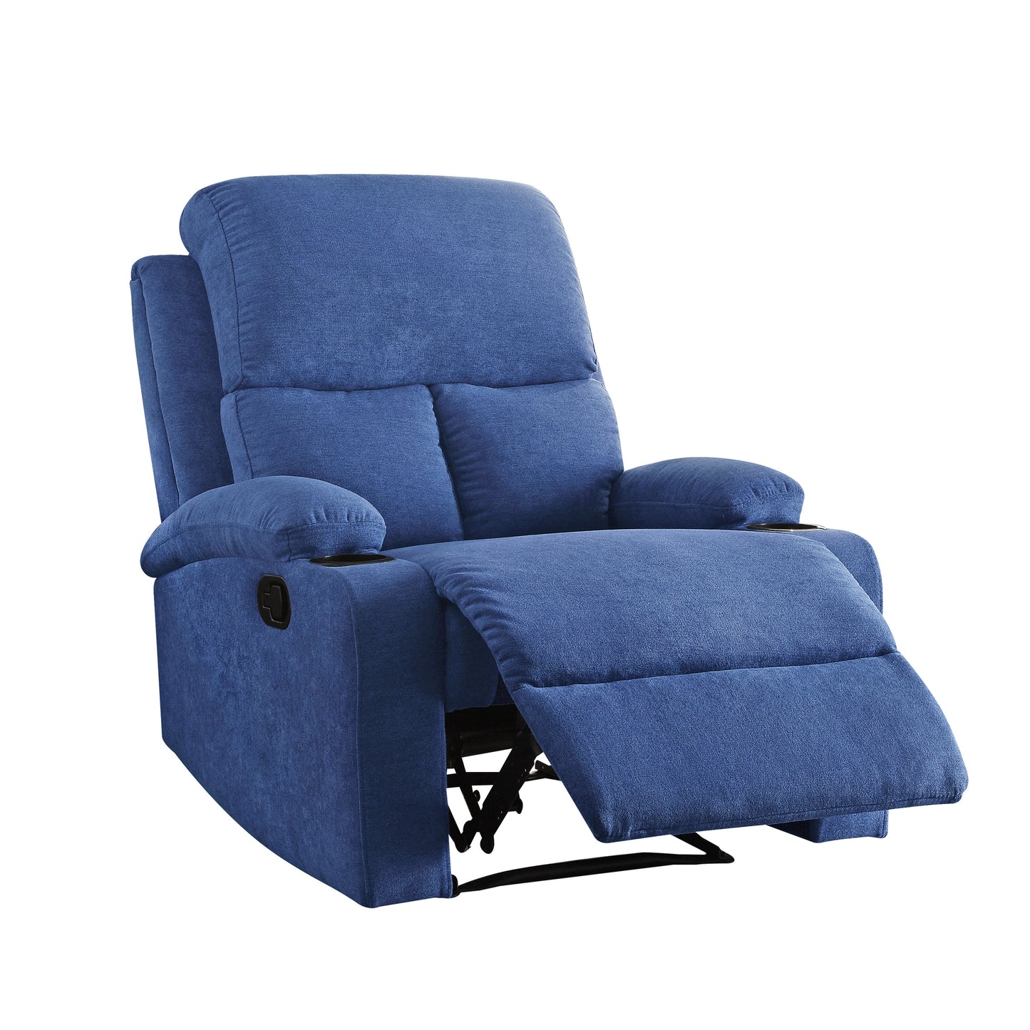 Comfortable navy blue fabric recliner with cup holders and lever