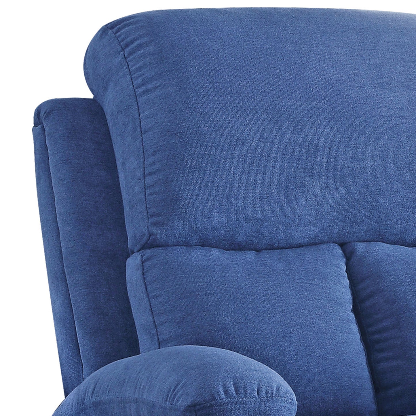 Close up of plush blue fabric on a reclining chairs headrest and armrest
