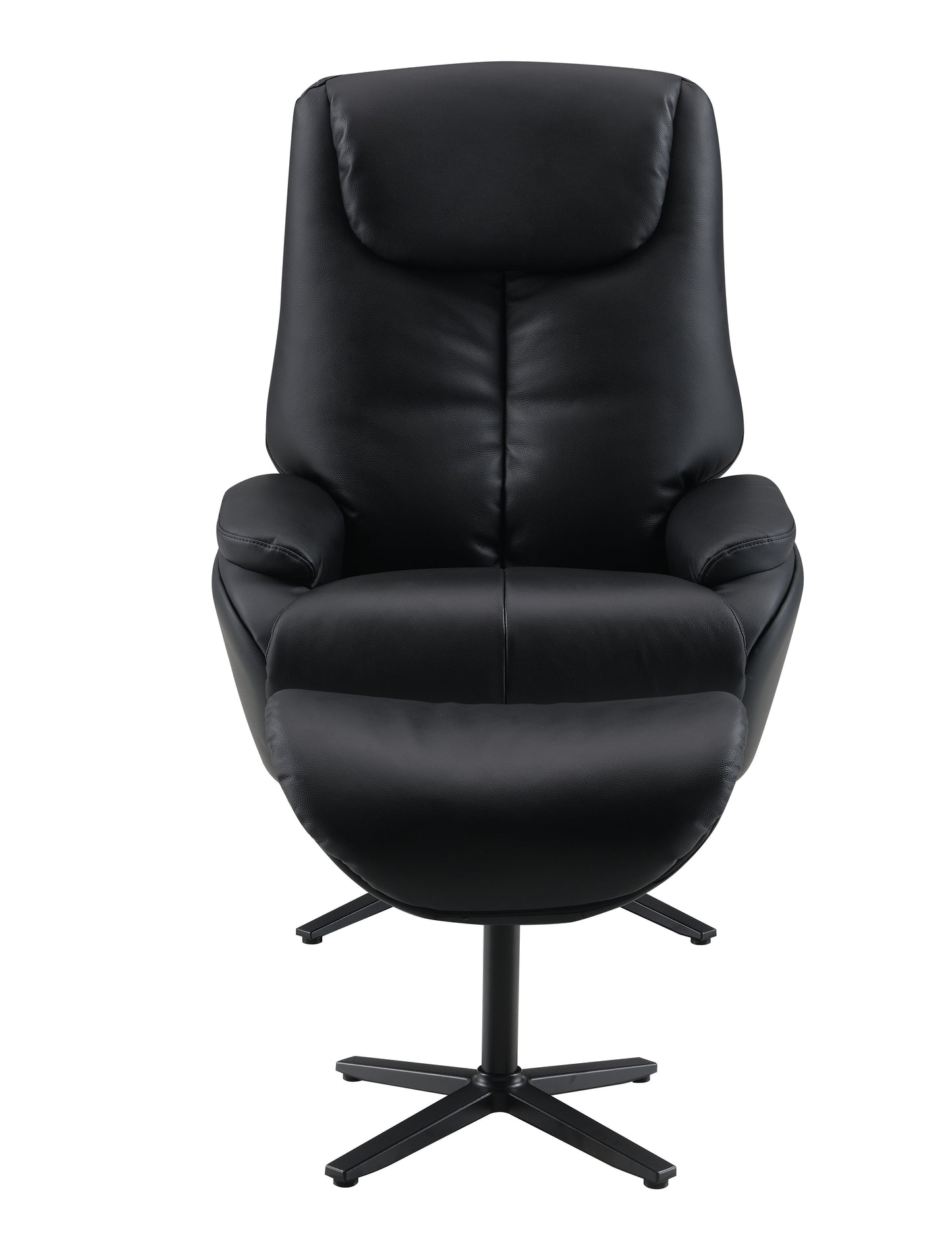 Black leather recliner chair with ottoman and swivel base for ultimate comfort