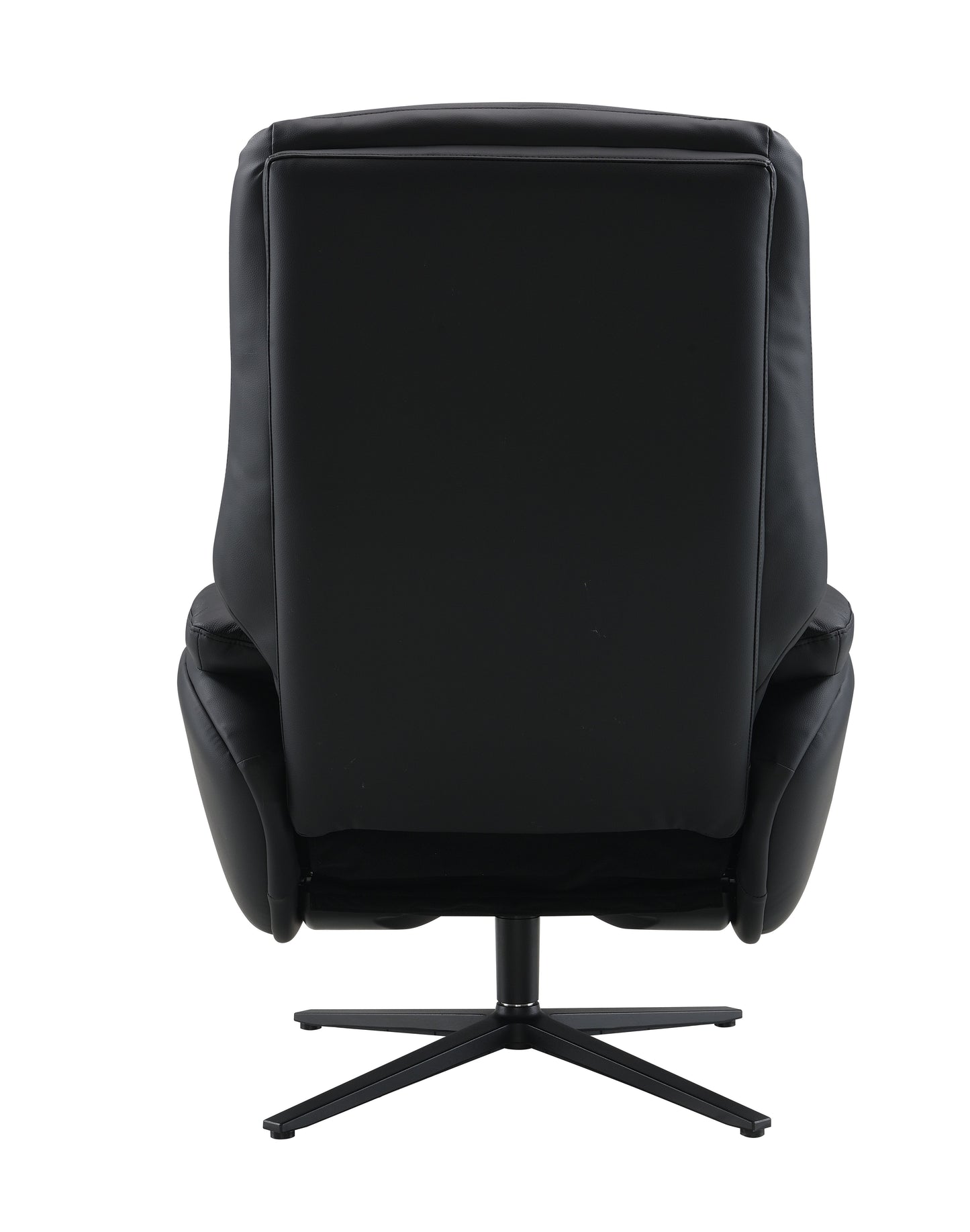 Back view of a black bonded leather executive chair with a swivel base