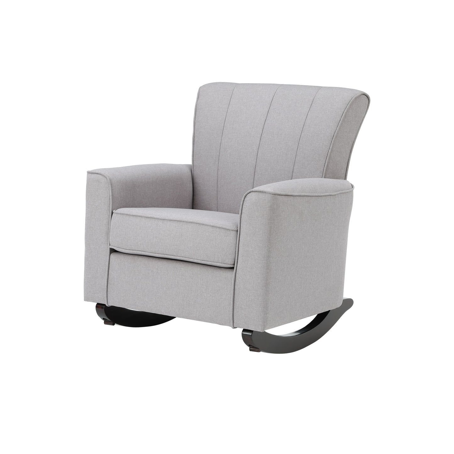 Comfortable light gray fabric upholstered rocking chair with tufted backrest and dark wood base