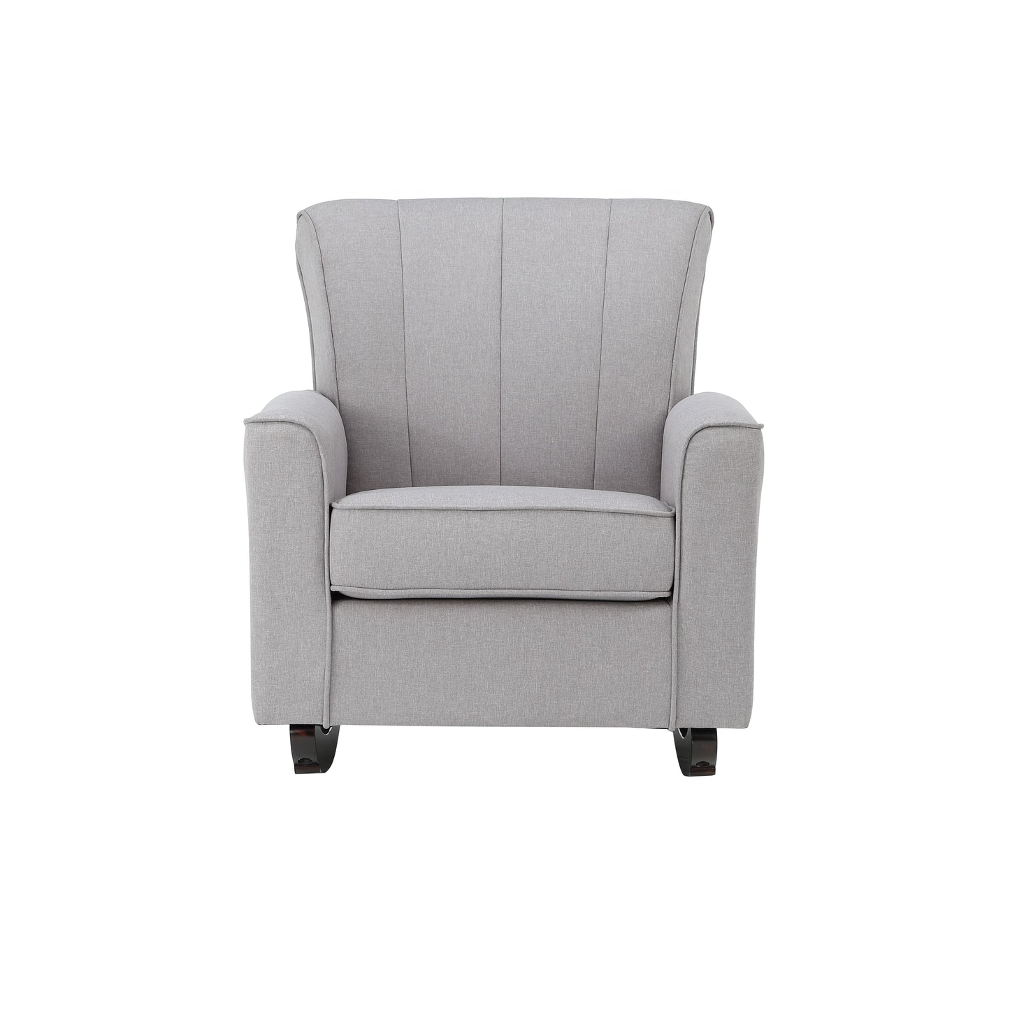 Padded grey fabric armchair with vertical stitched detailing and plush seat cushion for living room comfort