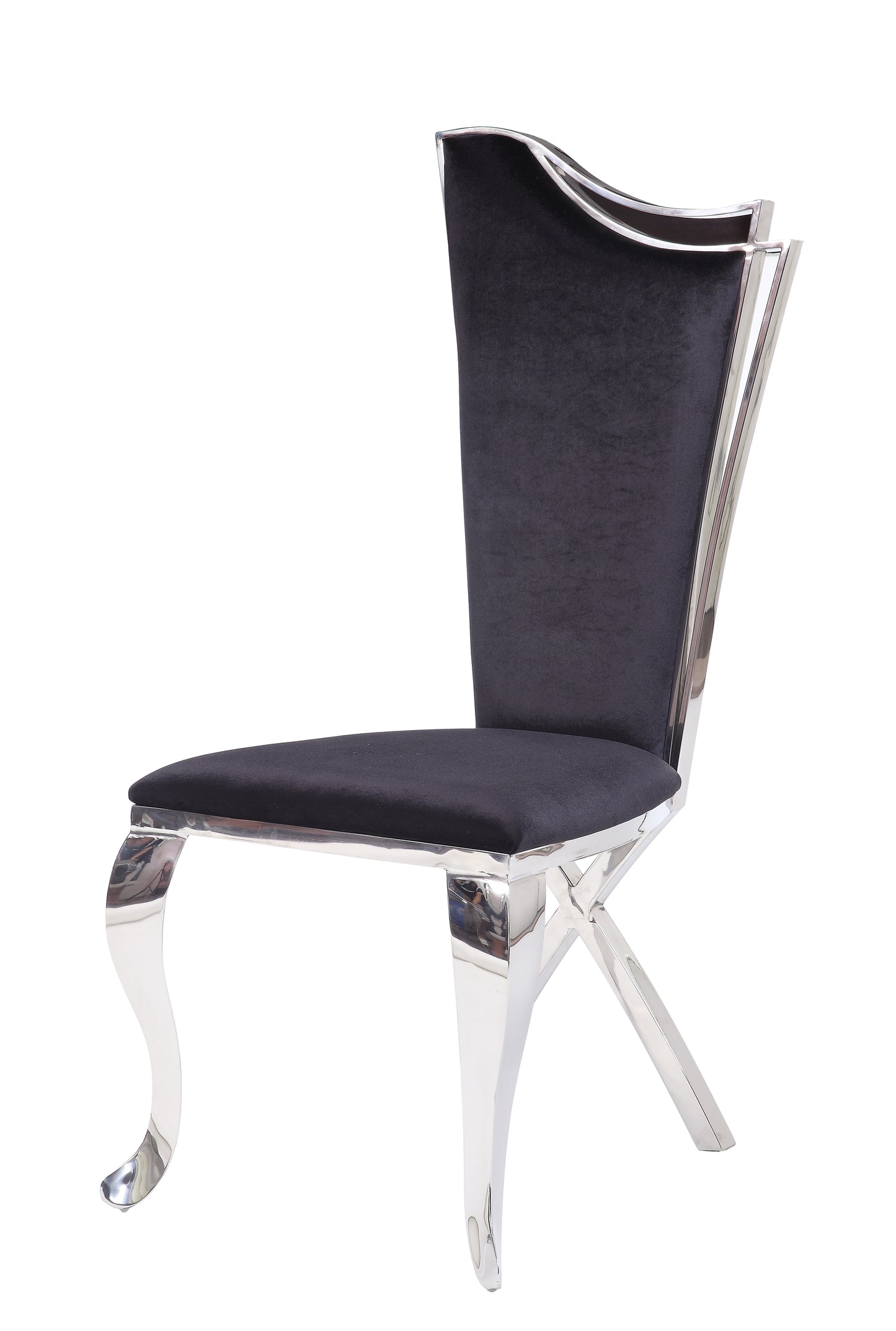 Modern black velvet dining chair with polished chrome frame and curved legs