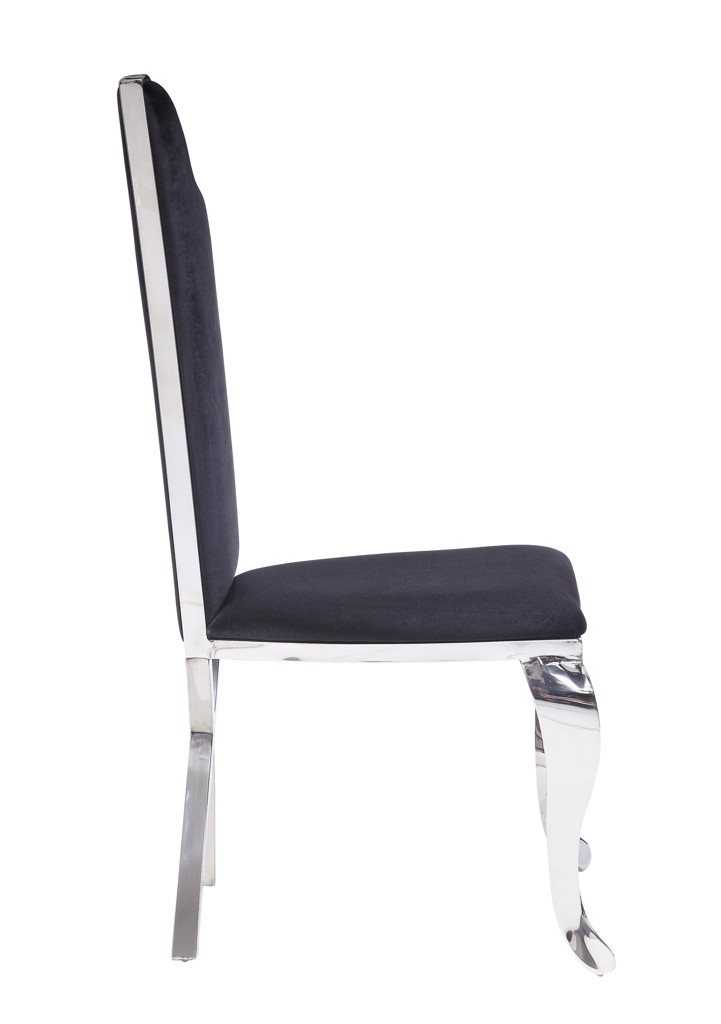Dark grey velvet dining chair with polished chrome legs and frame