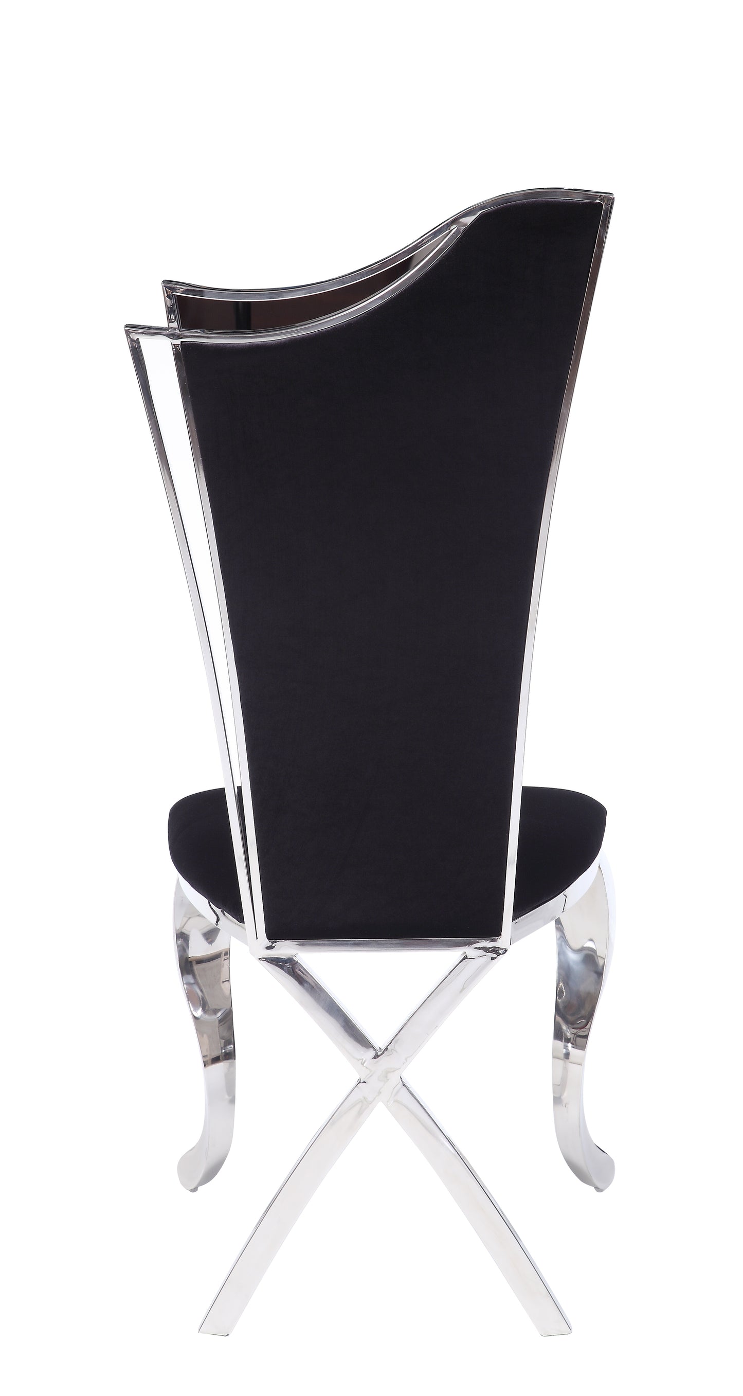 Modern black velvet dining chair with polished chrome legs and a sculptural back