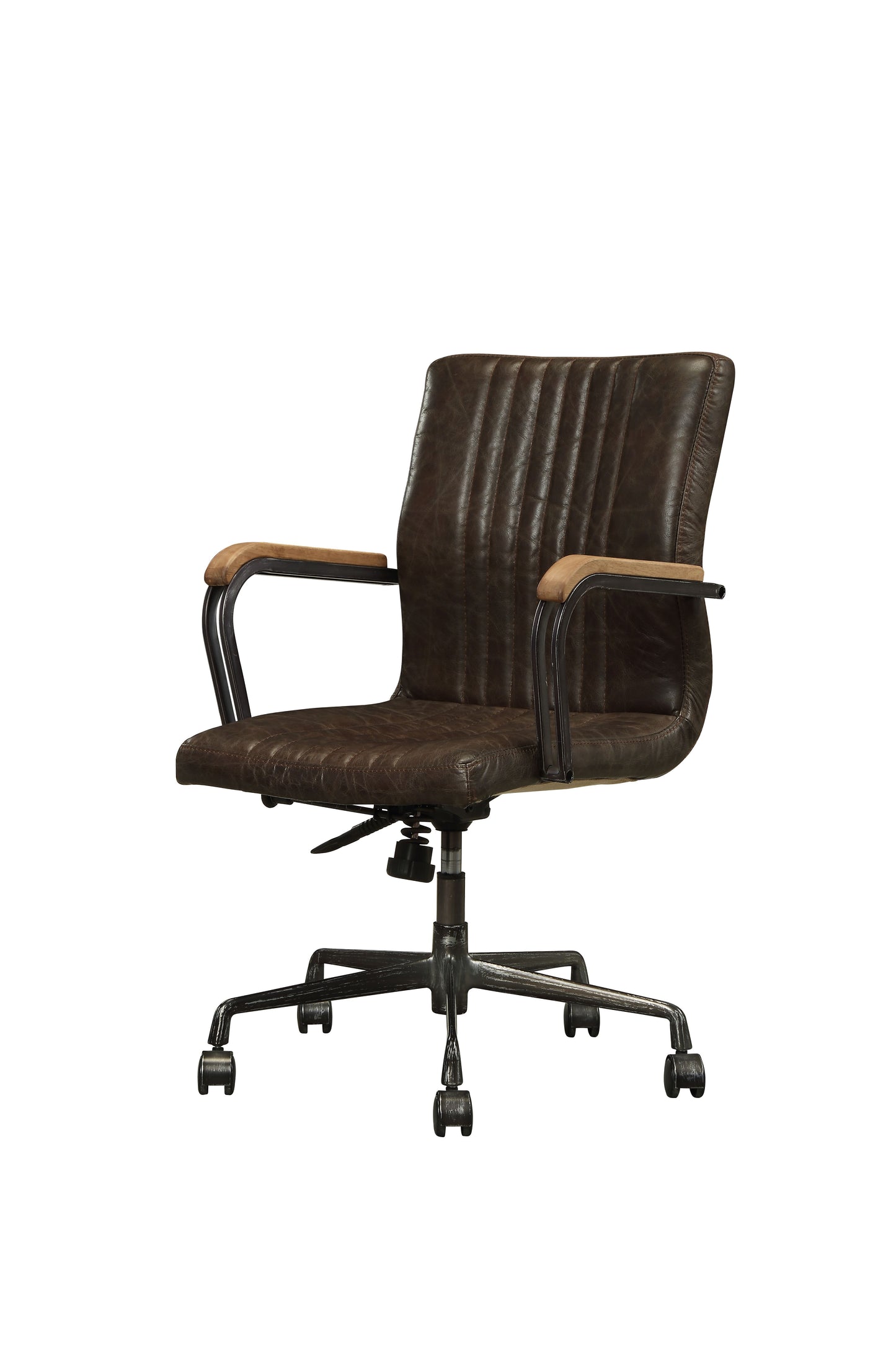 Brown leather executive office chair with metal frame and wood armrests