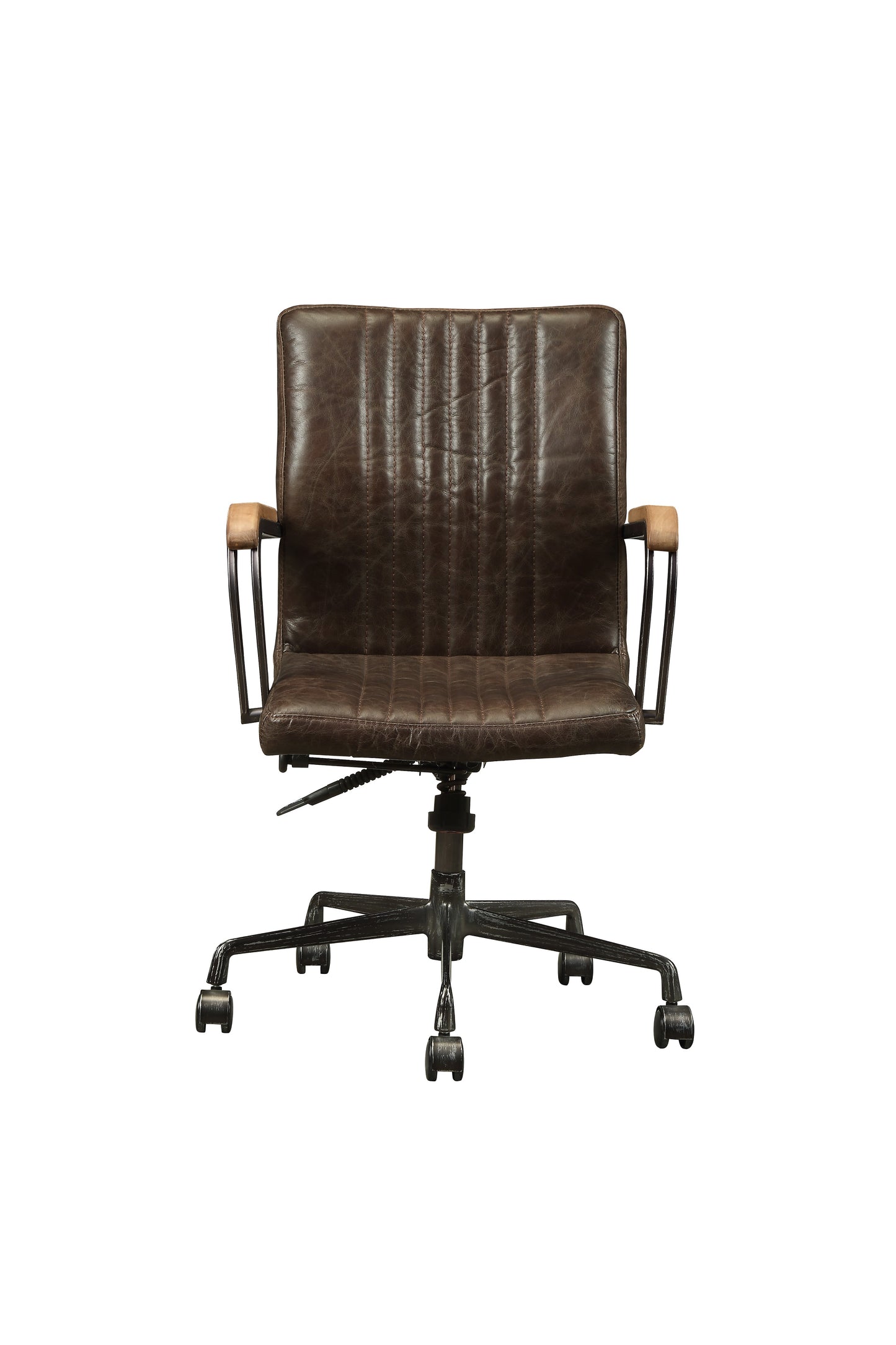 Brown distressed leather office chair with wooden armrests and black metal base