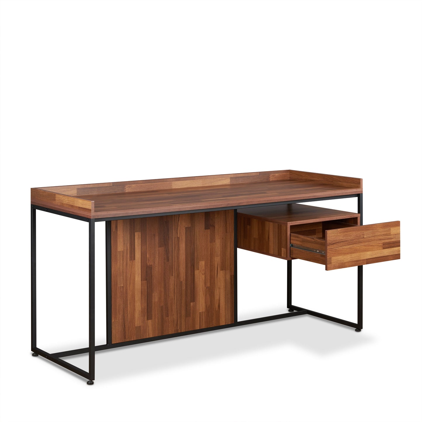 Walnut wood desk with black metal frame and one open drawer modern style