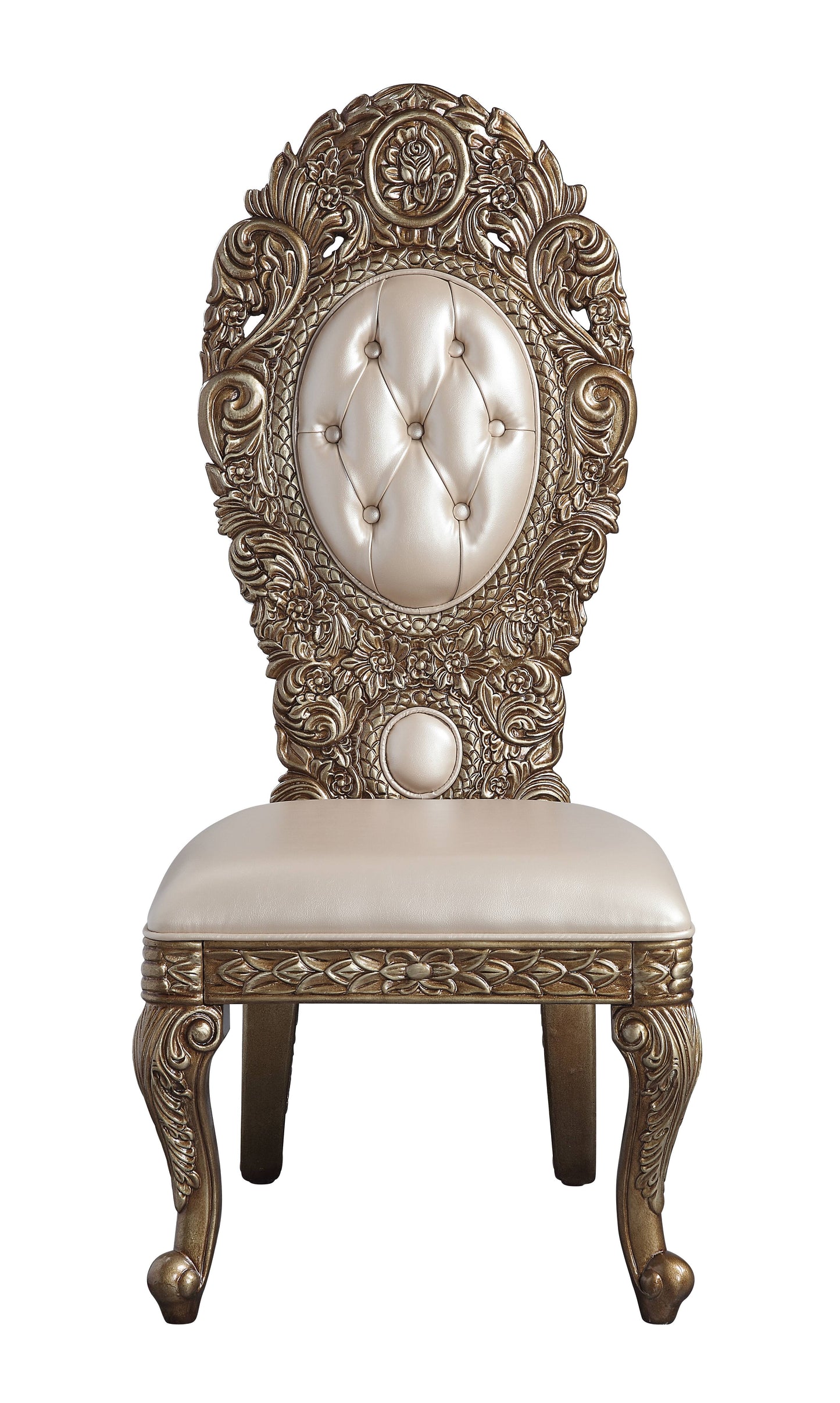 Ornate baroque accent chair with tufted cream upholstery and gold antique finish