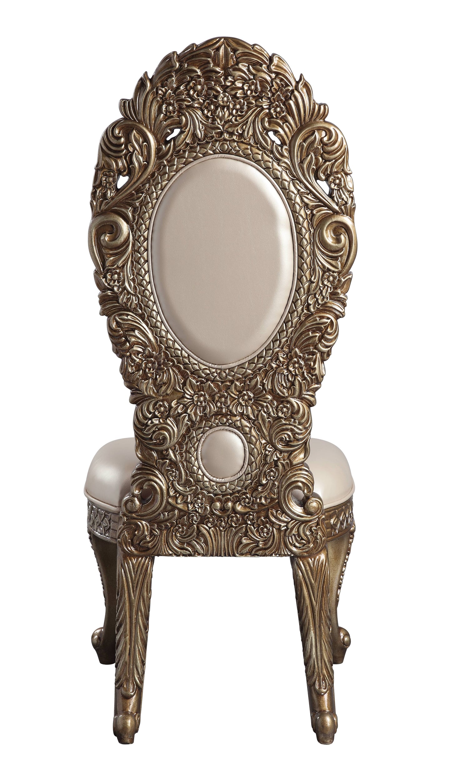 Ornate goldleaf accent chair with cream leather upholstery and intricate floral carvings