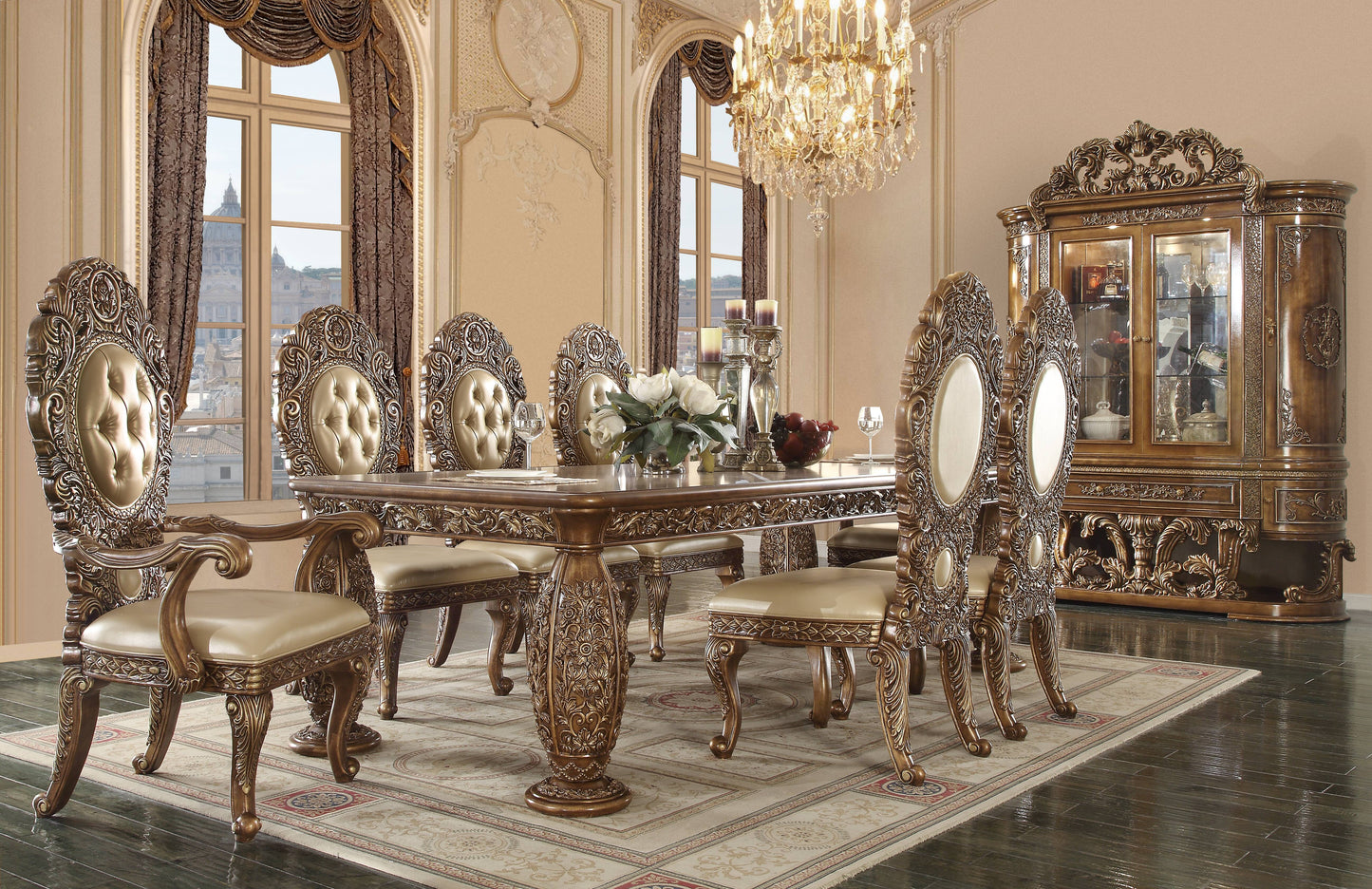 Ornate wood dining table with gold upholstered chairs classic dining set