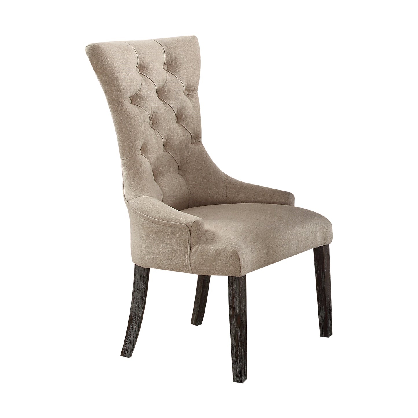Tufted beige fabric dining chair with dark wood legs and elegant button details