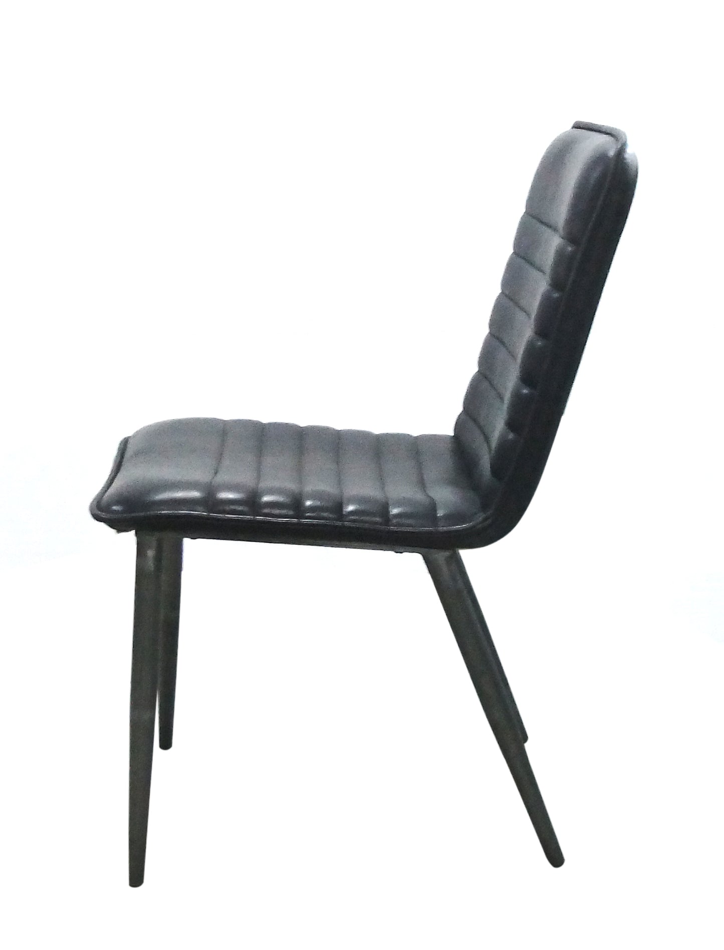 Black upholstered dining chair with ribbed detailing and metal legs
