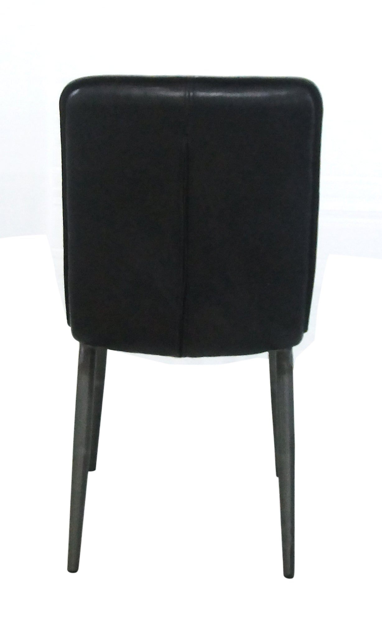 Back view of a black leather dining chair with slim metal legs