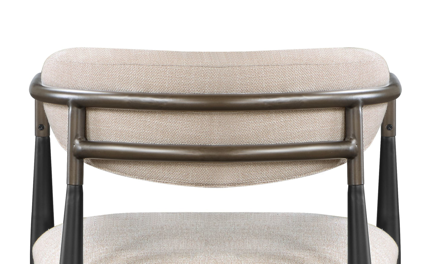 Closeup of a modern beige upholstered chair with a dark metal frame
