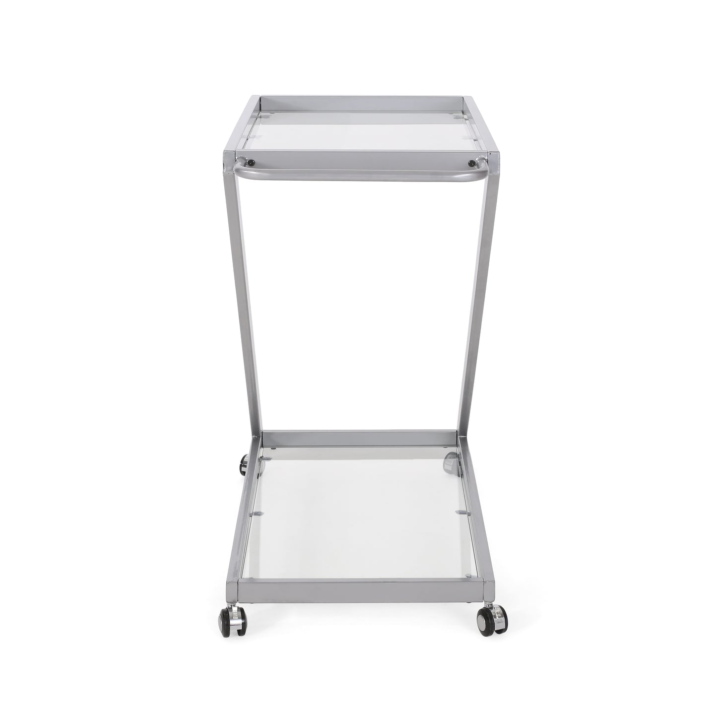 Sleek silver rolling serving cart with two glass shelves and a handle