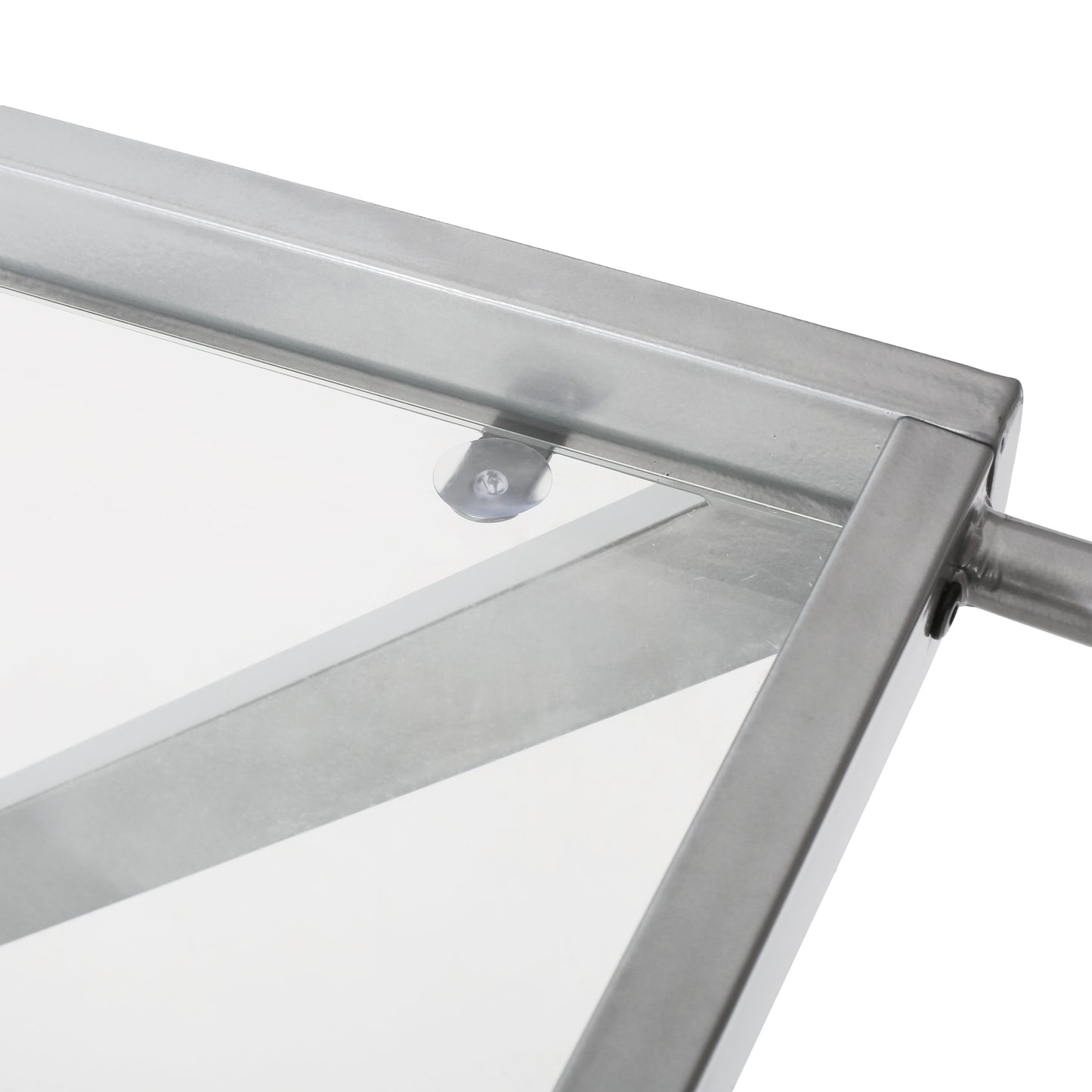 Closeup of a silver aluminum frame with clear glass panel and suction cup detail