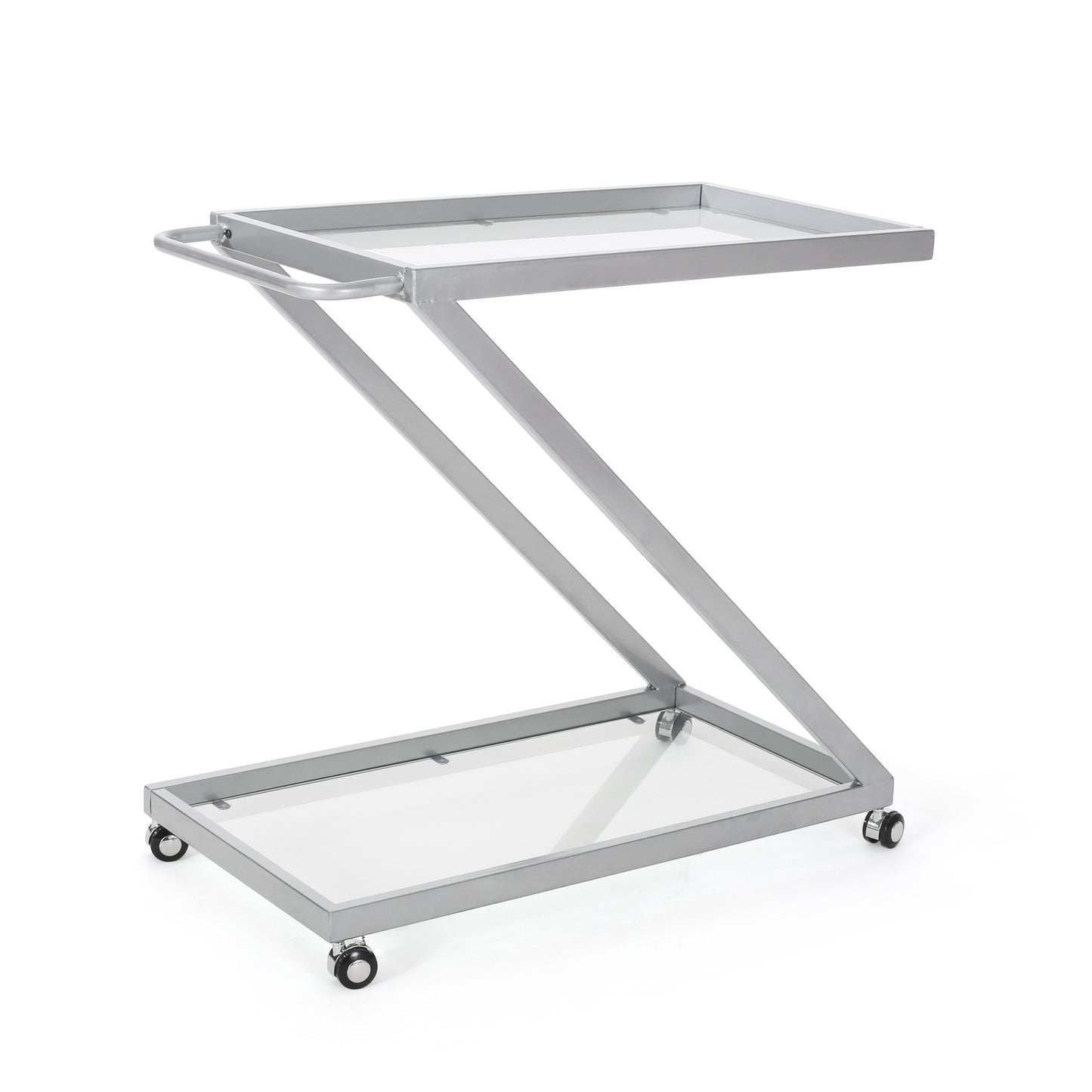 Modern zframe bar cart with silver metal and clear acrylic shelves