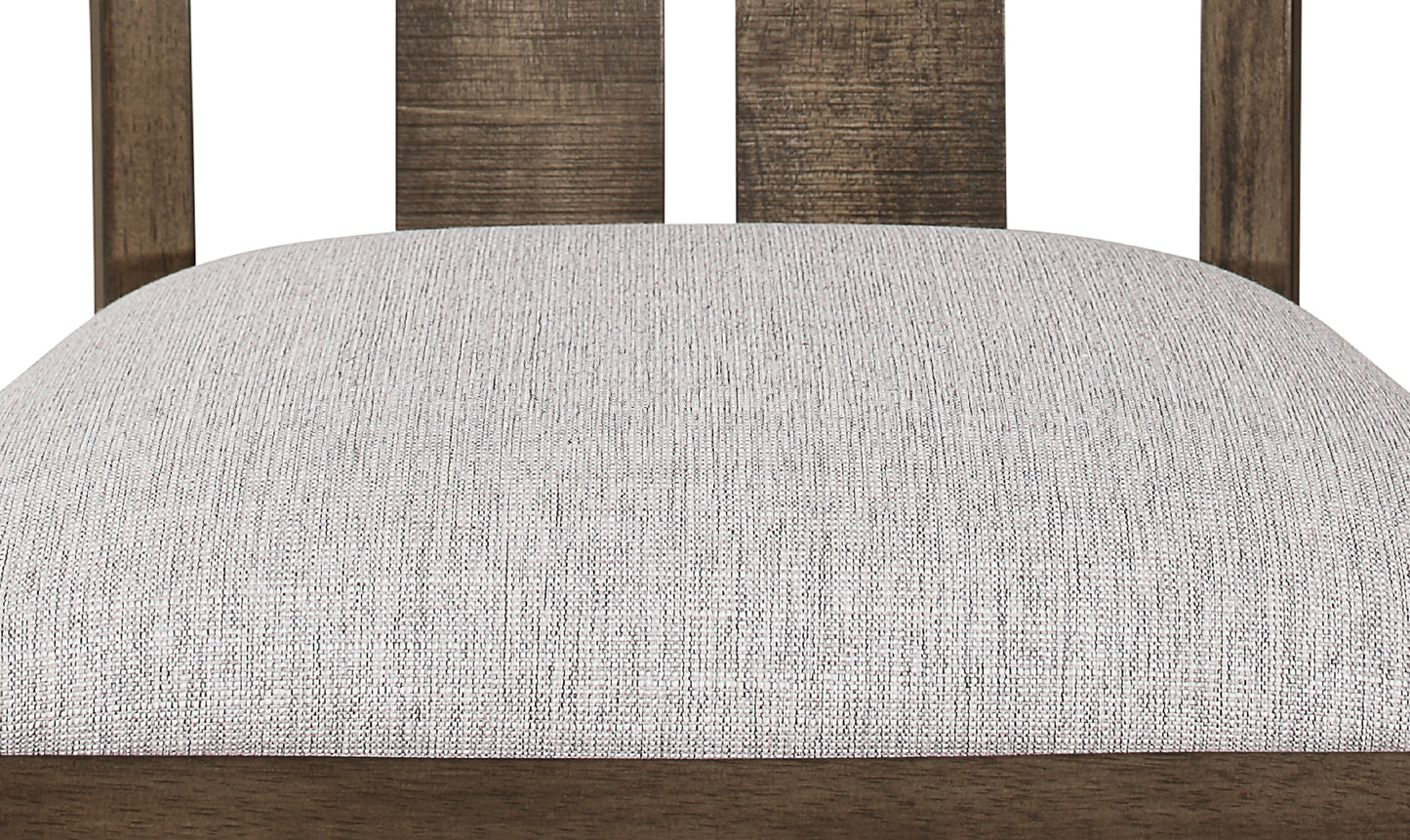 Upholstered dining chair seat with textured light grey fabric and dark wood frame