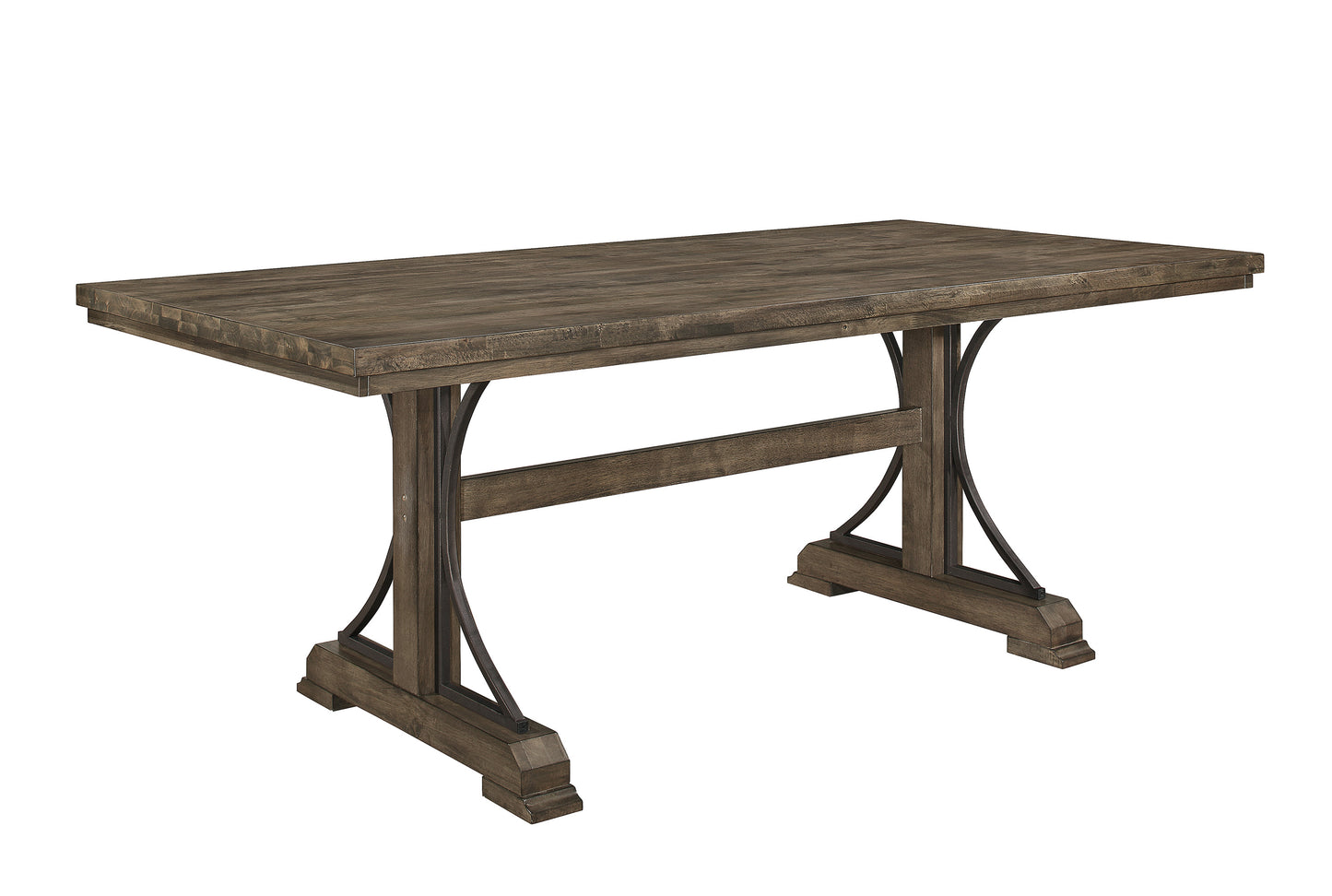 Rustic wood dining table with dark metal accents and trestle base