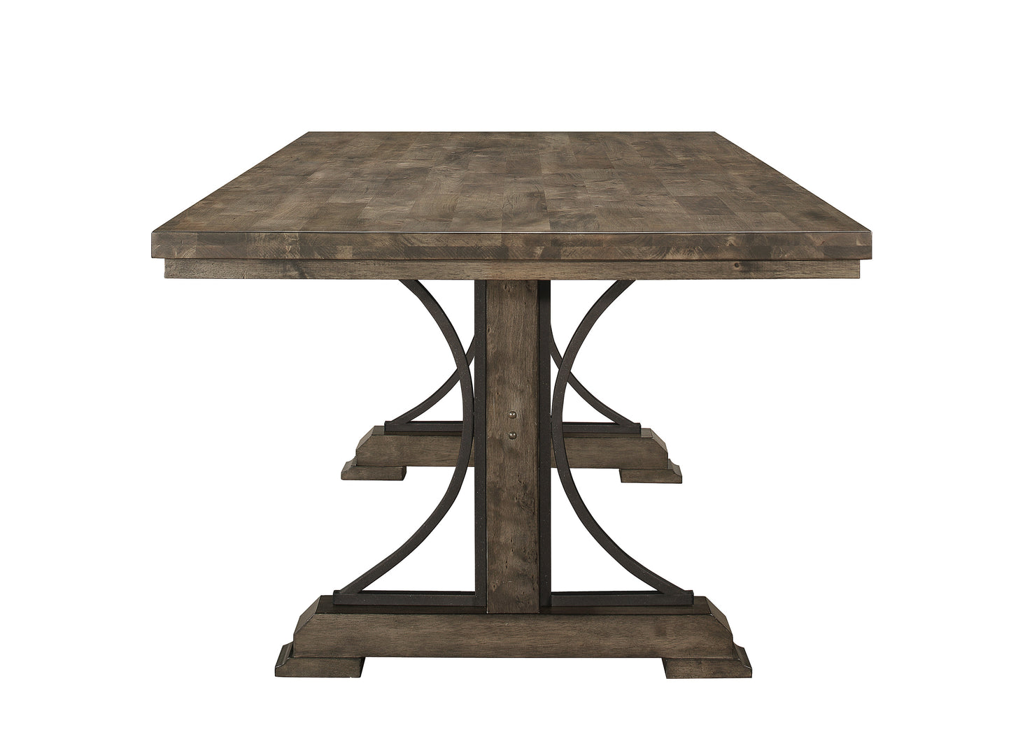 Rustic dark wood dining table with metal accents