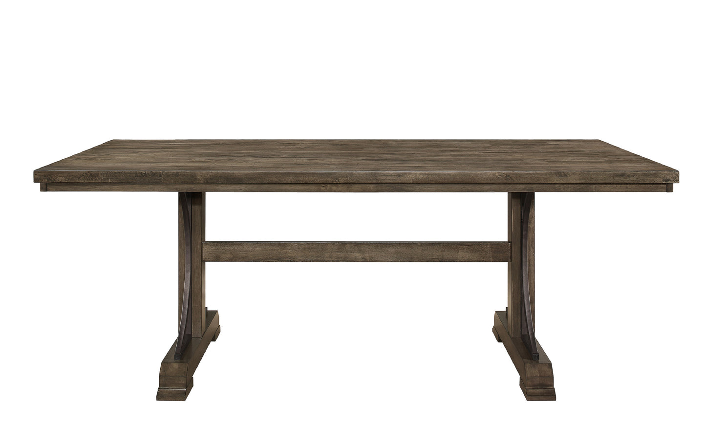Rustic dark wood dining table with trestle base and planked top