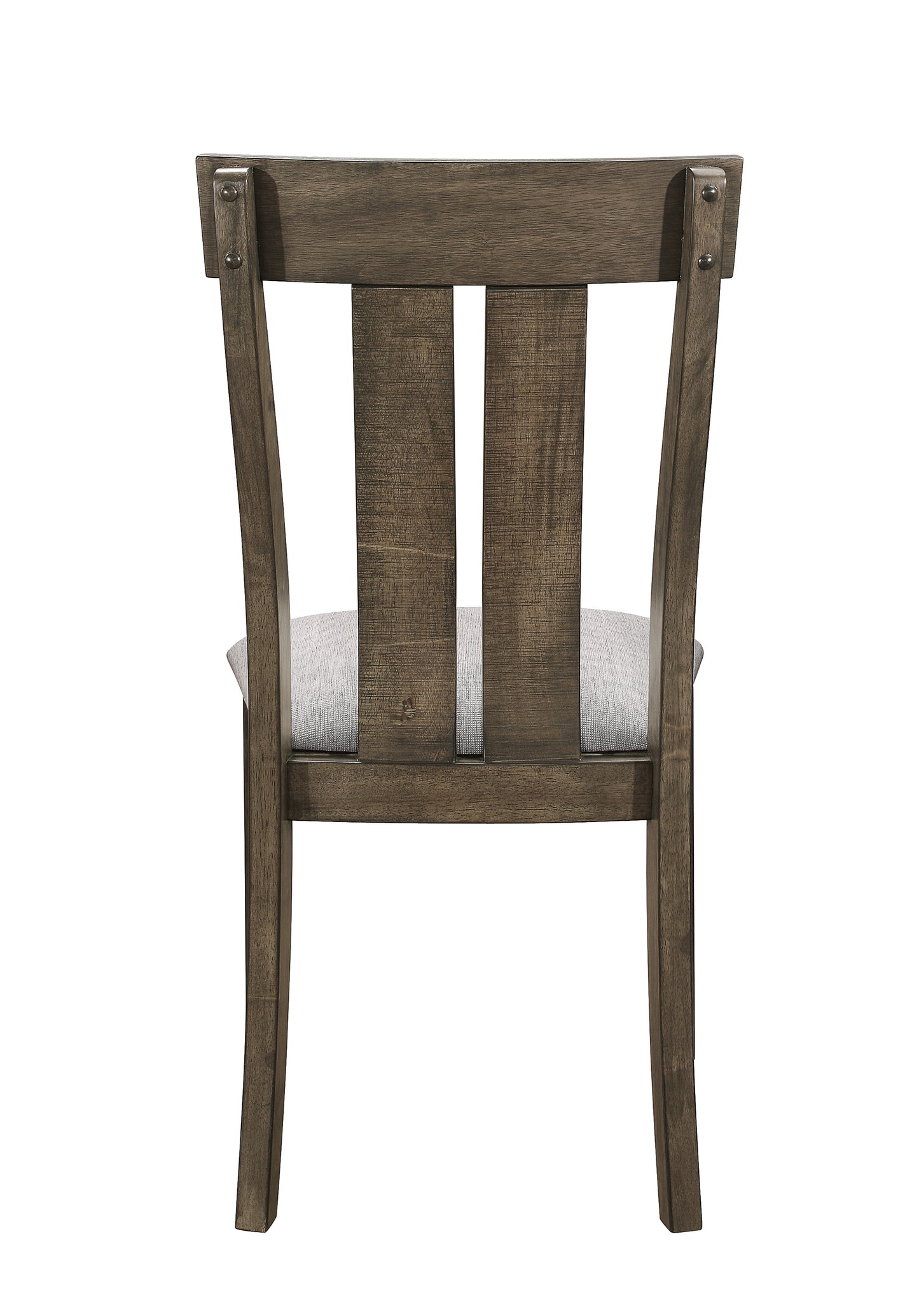 Distressed wood dining chair with grey upholstered seat