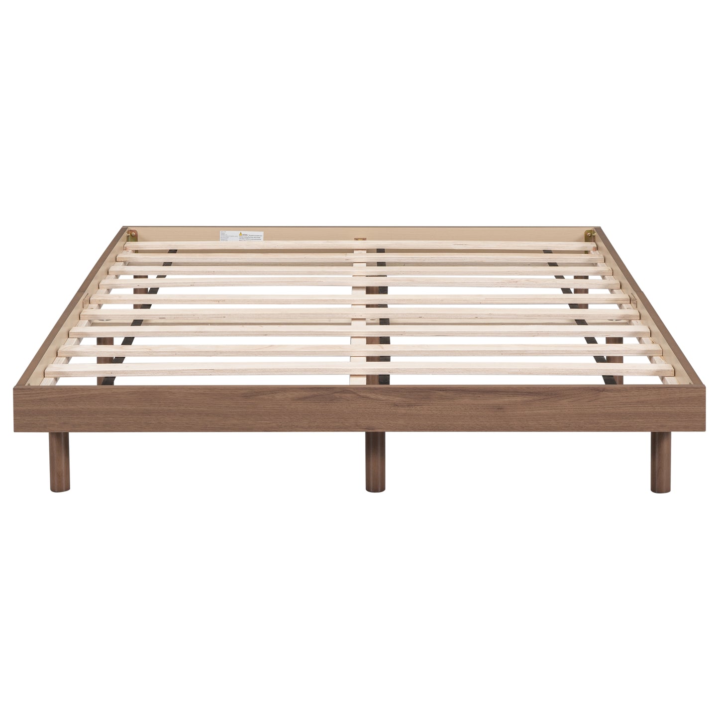 Wooden slatted bed frame with dark brown wood finish