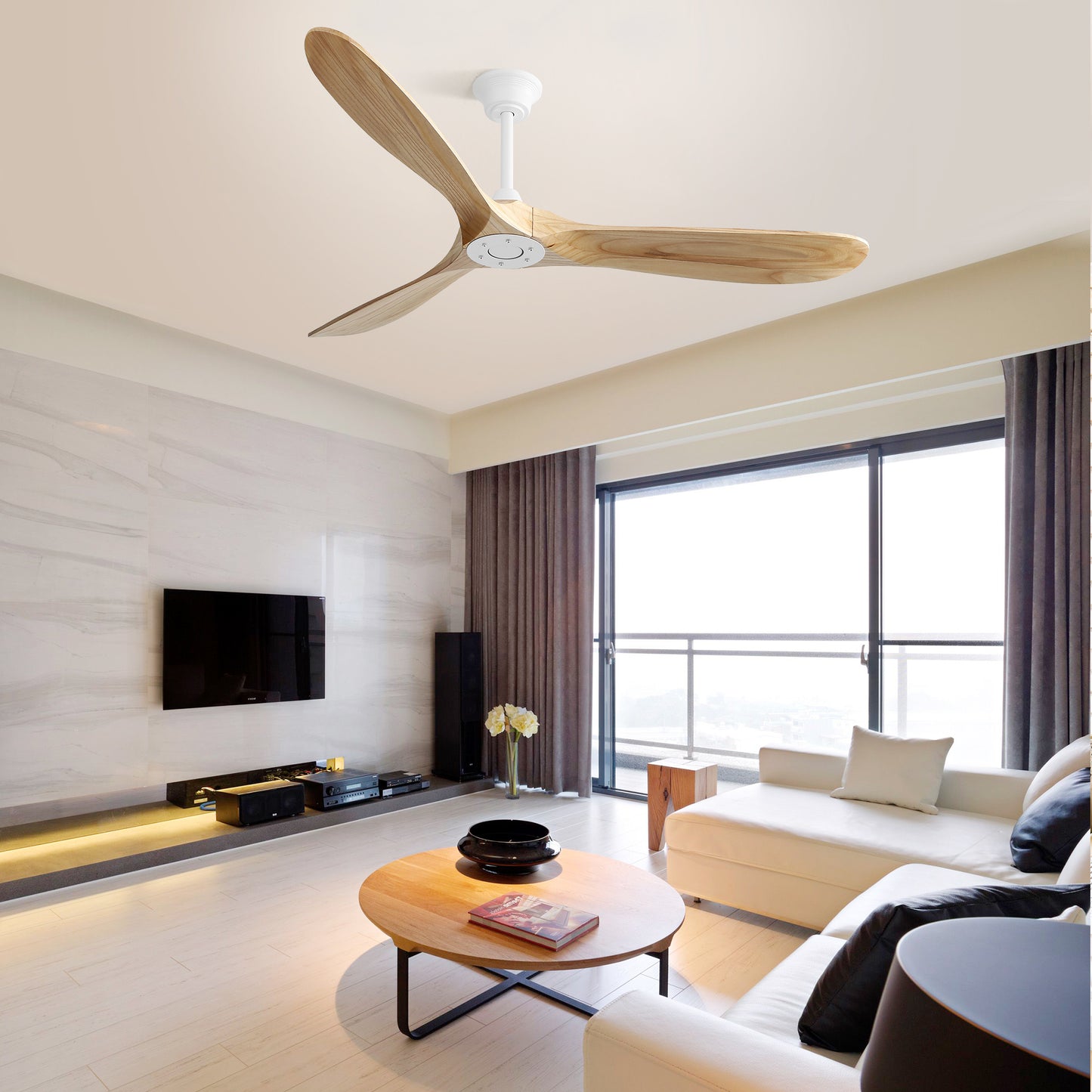 Modern threeblade wooden ceiling fan with white motor and canopy
