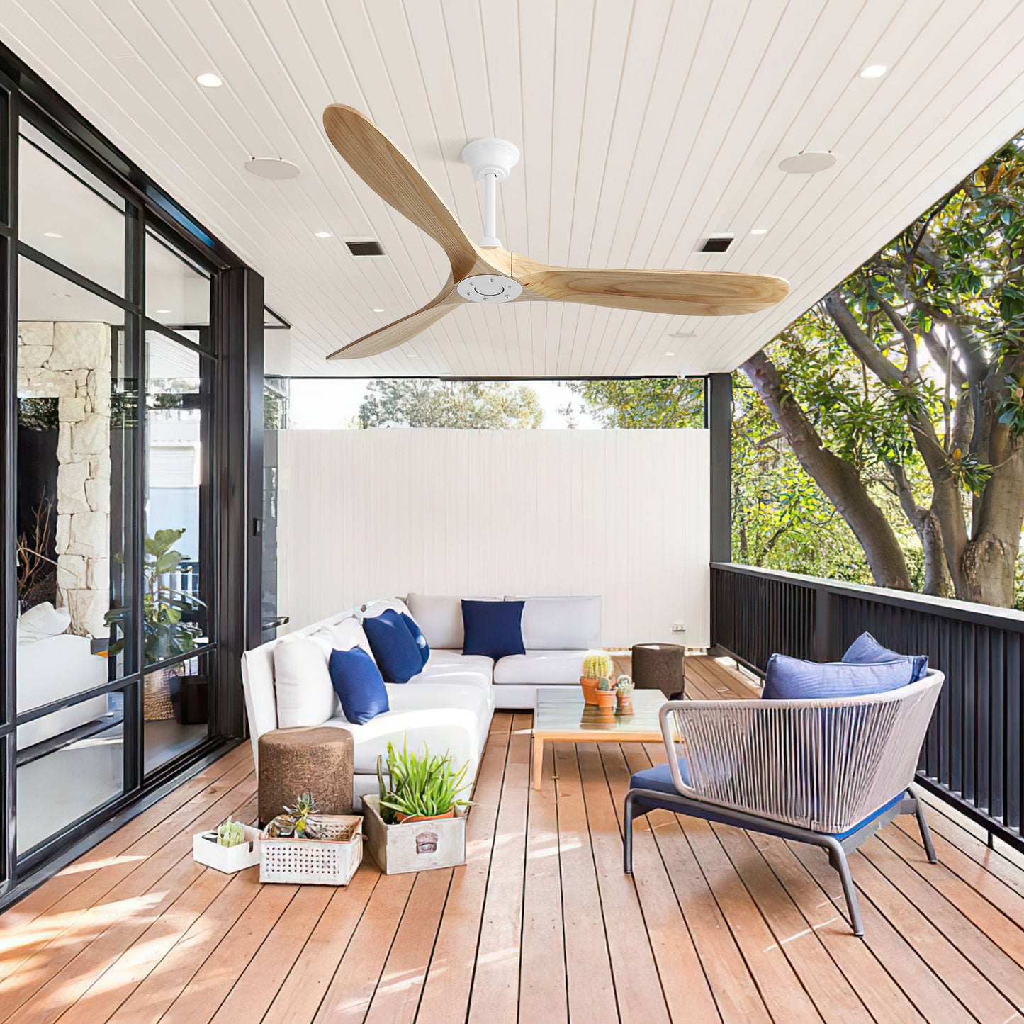 Modern white outdoor ceiling fan with large natural wood blades