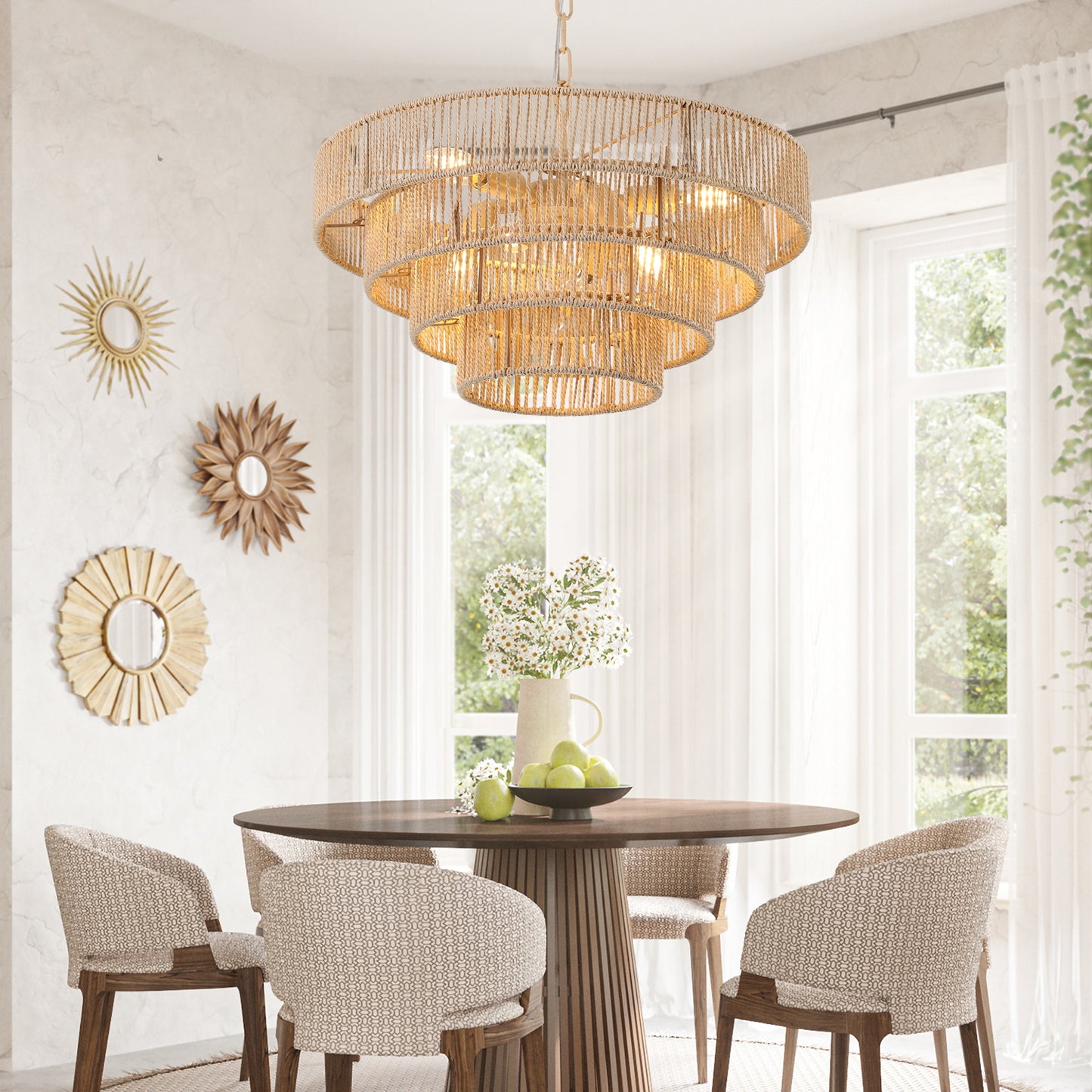 Tiered natural rope chandelier with warm ambient lighting