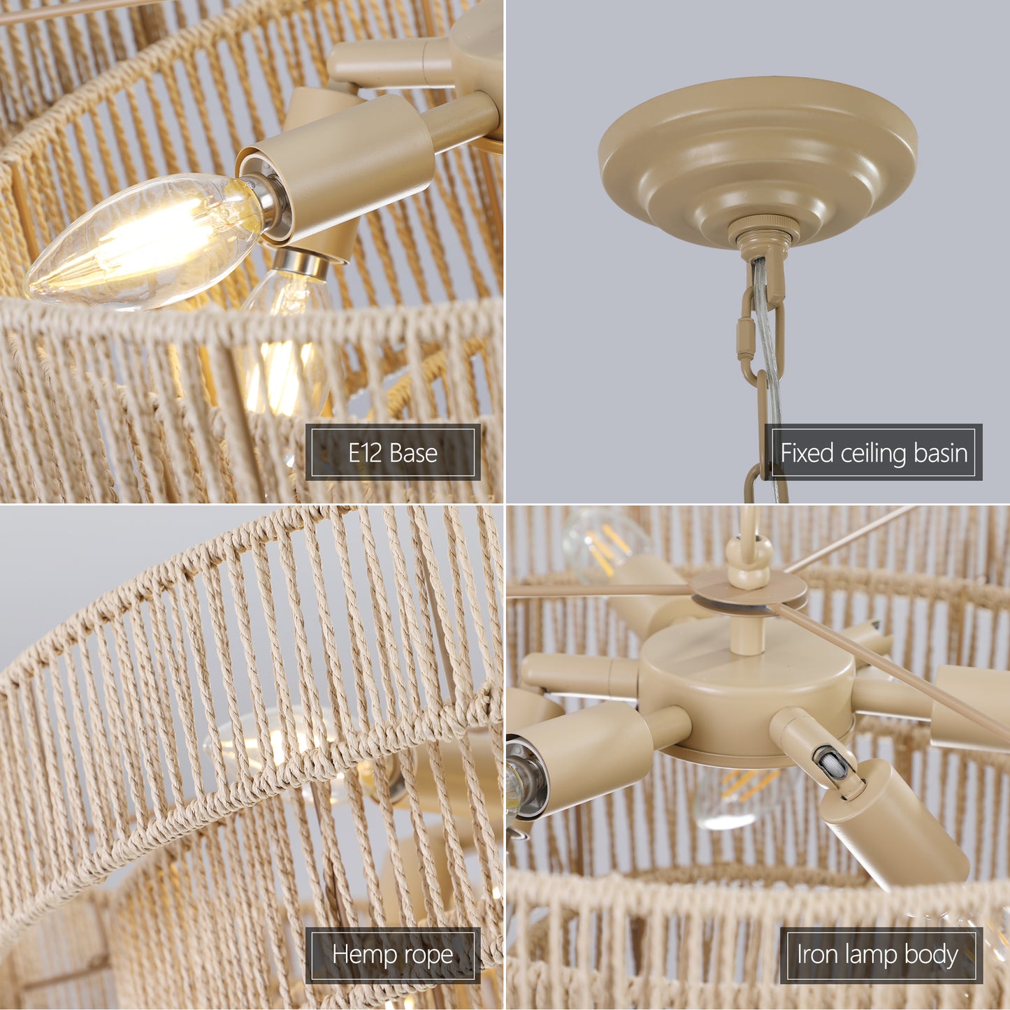 Closeup of a beige iron chandelier lamp body with exposed filament bulbs
