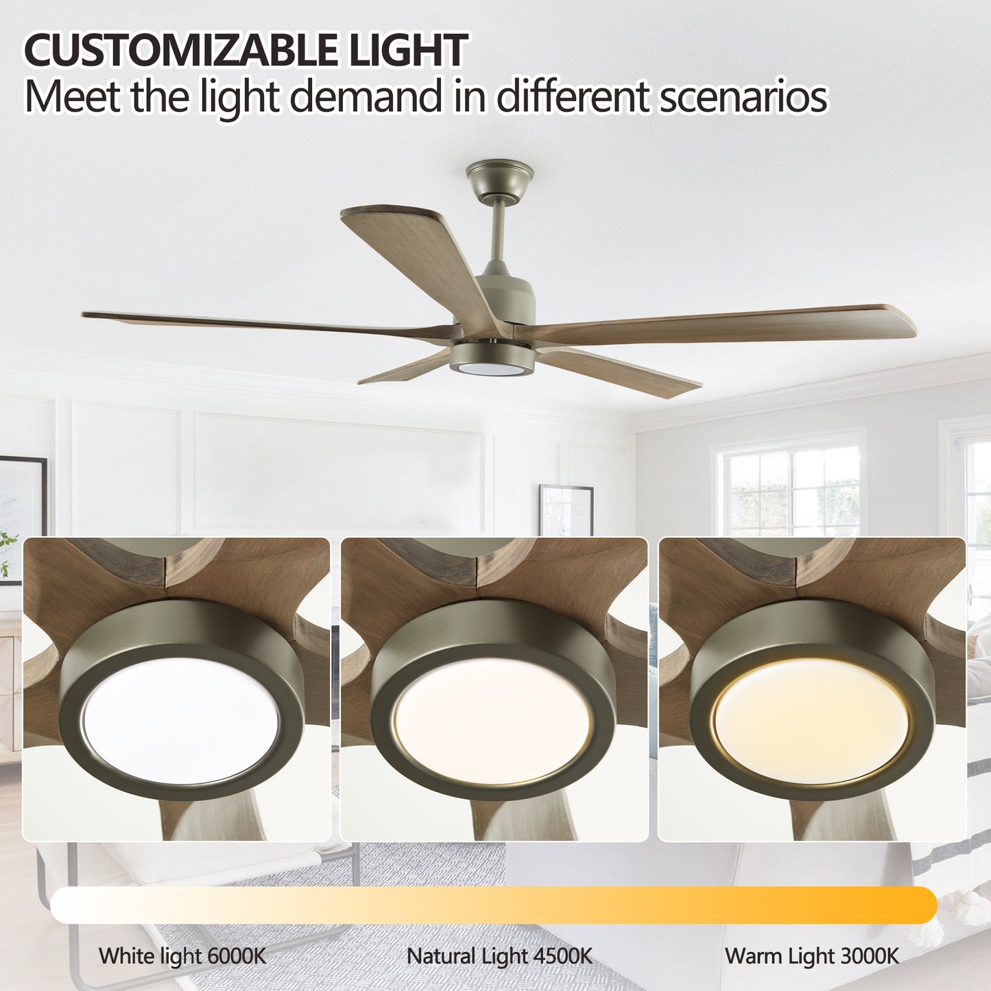 Modern blade ceiling fan with rustic wood blades and integrated LED light