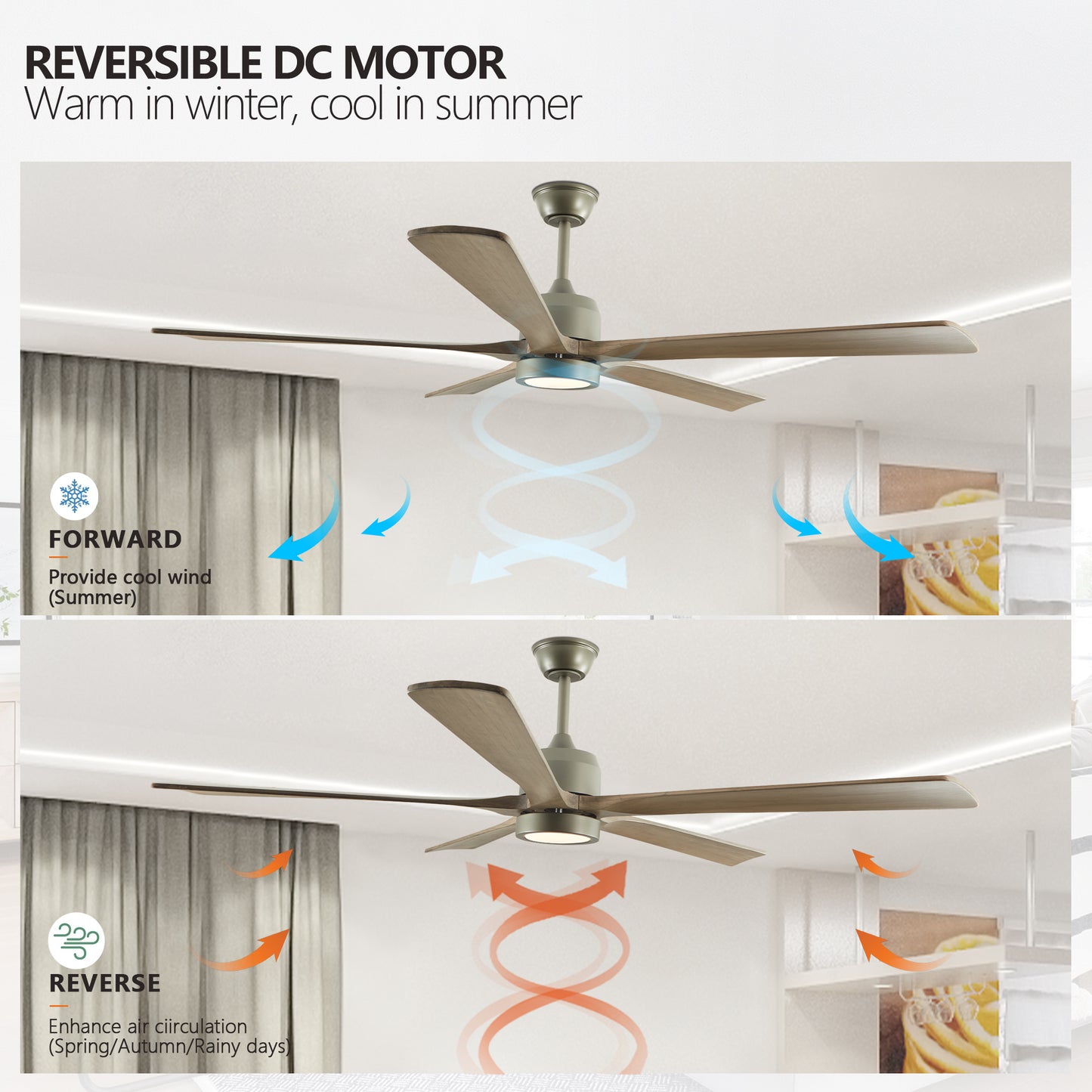 Modern fiveblade reversible DC motor ceiling fan with wooden blades and integrated LED light