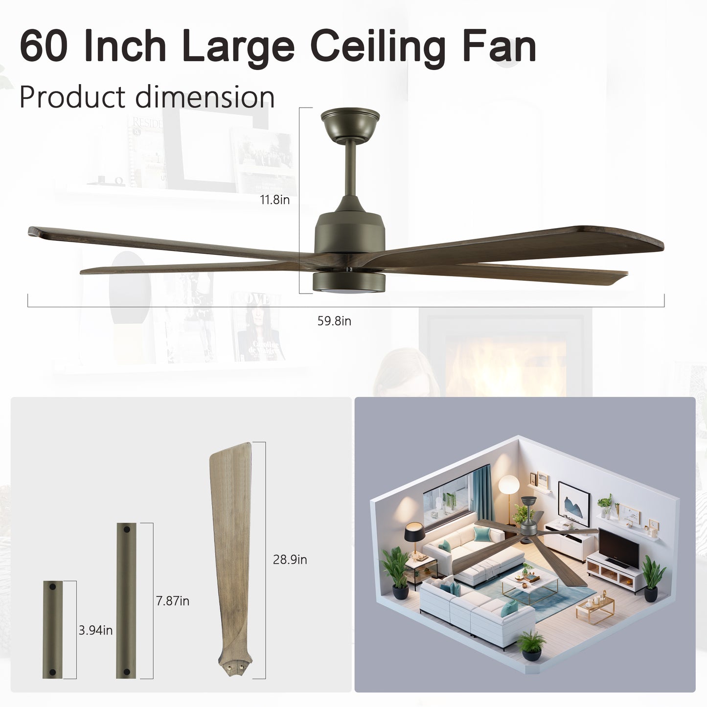 Dark bronze inch large ceiling fan with wide wooden blades