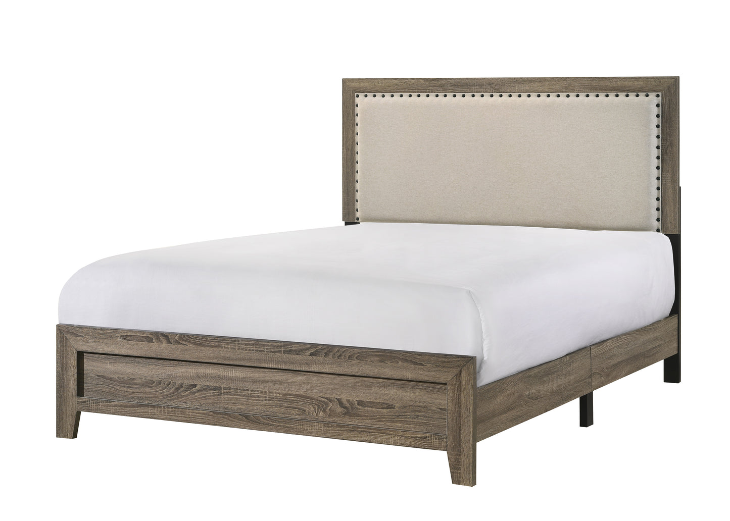 Upholstered tufted headboard bed frame with rustic wood finish