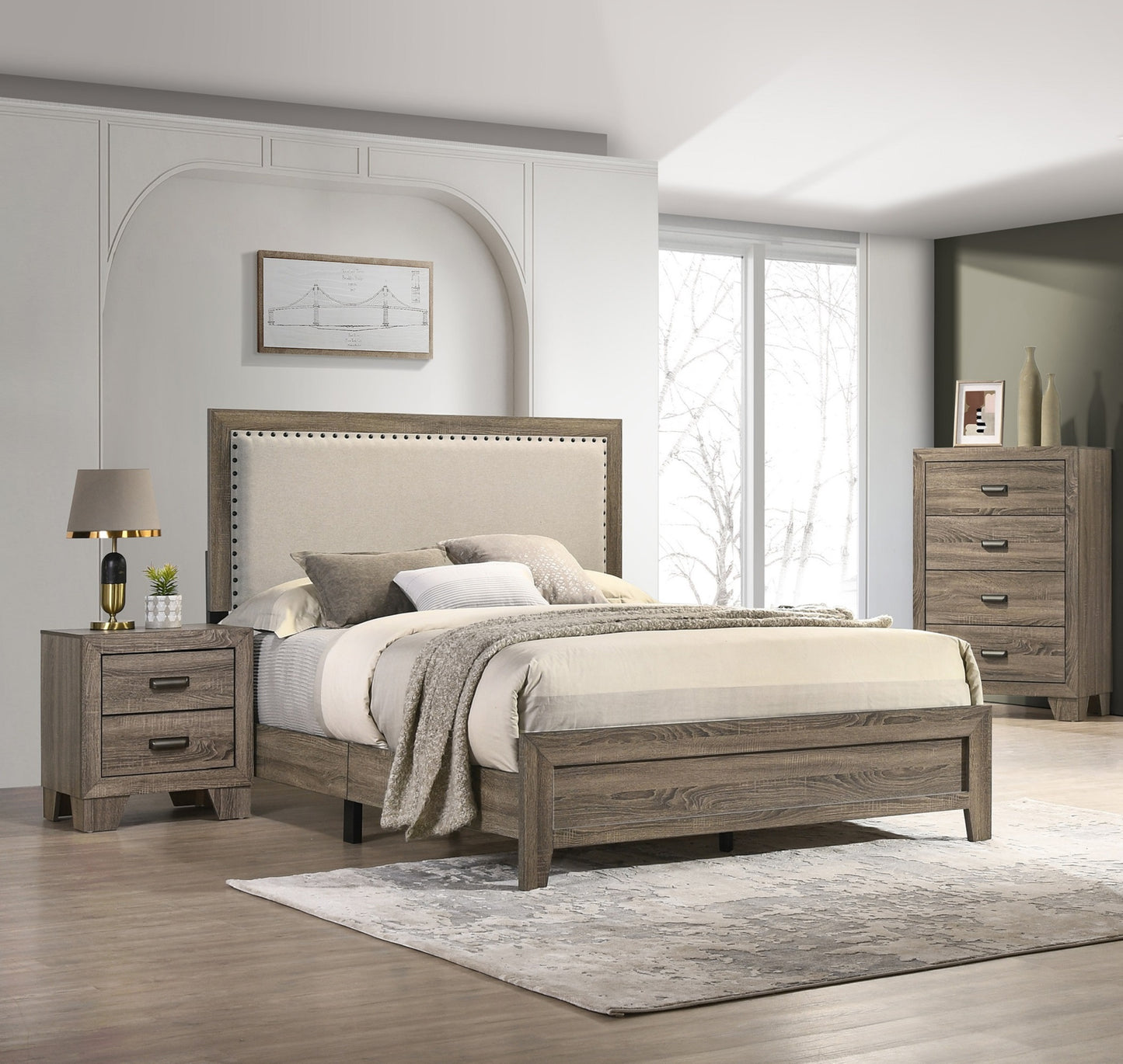 Rustic wood platform bed with upholstered headboard and matching nightstand