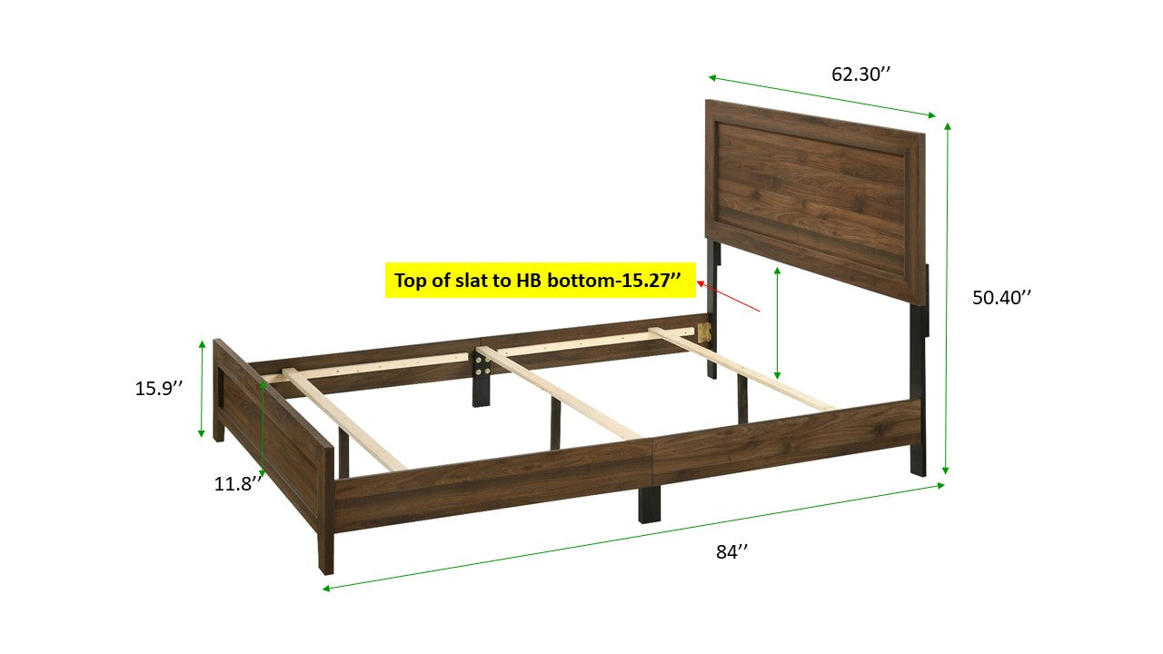 Dark wood queen platform bed frame with slatted support system shown