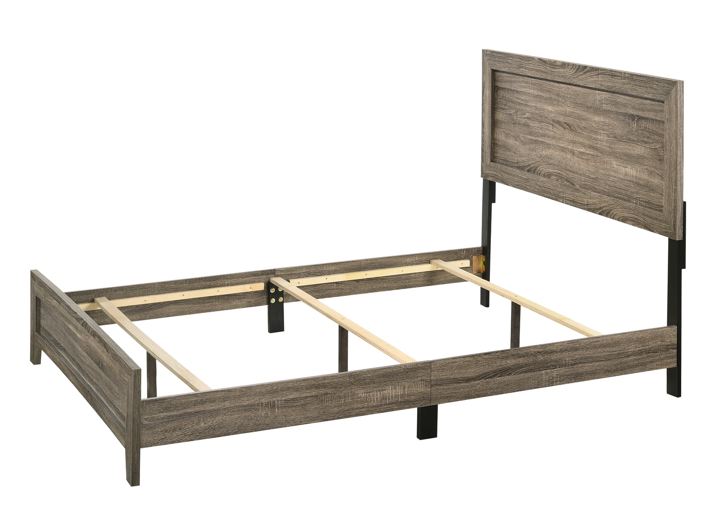 Rustic wood grain queen bed frame with metal legs and slatted support