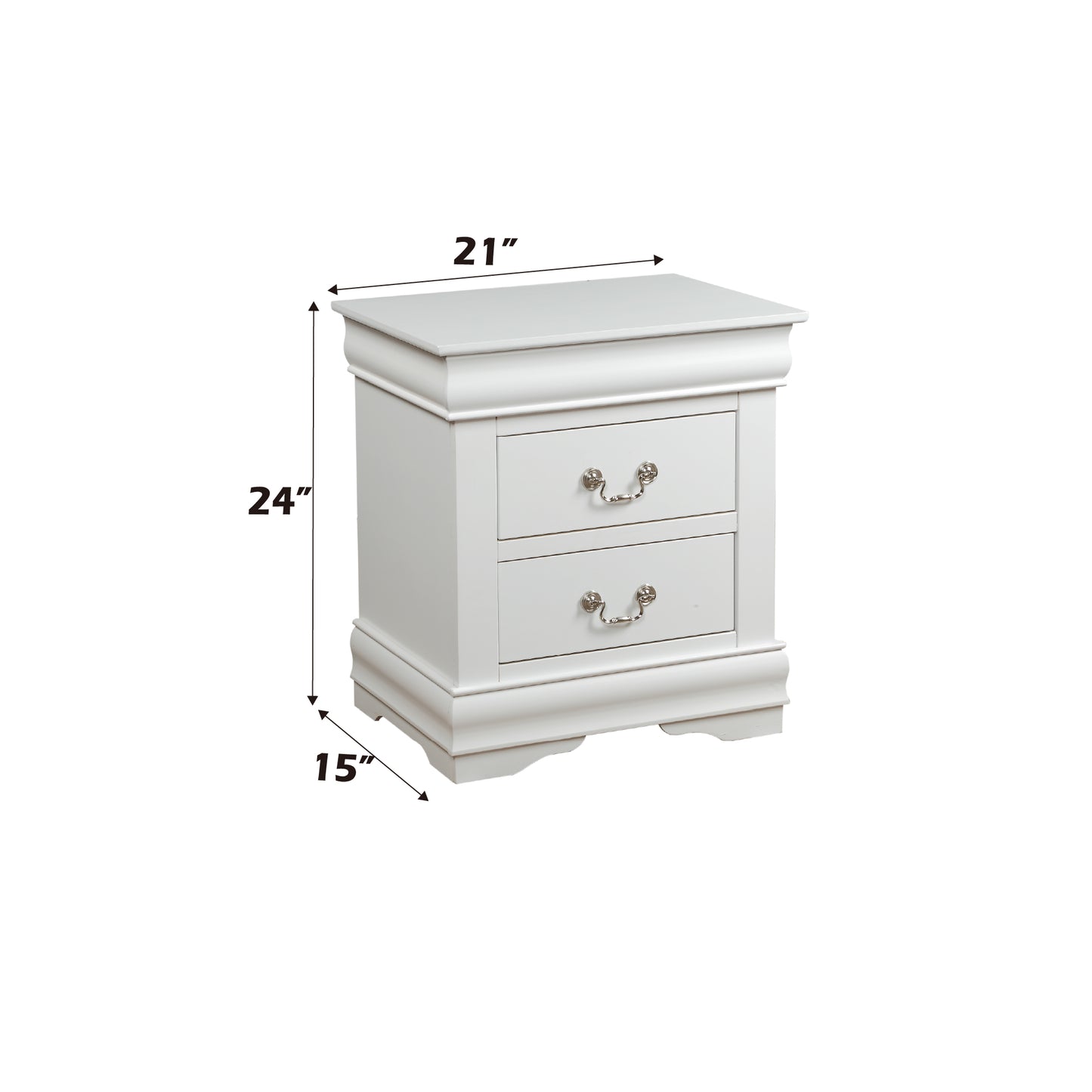 White twodrawer nightstand with silver hardware and classic molding