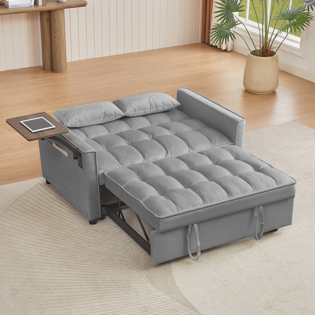 Grey velvet sofa bed with pullout mattress and tufted cushions for modern living rooms