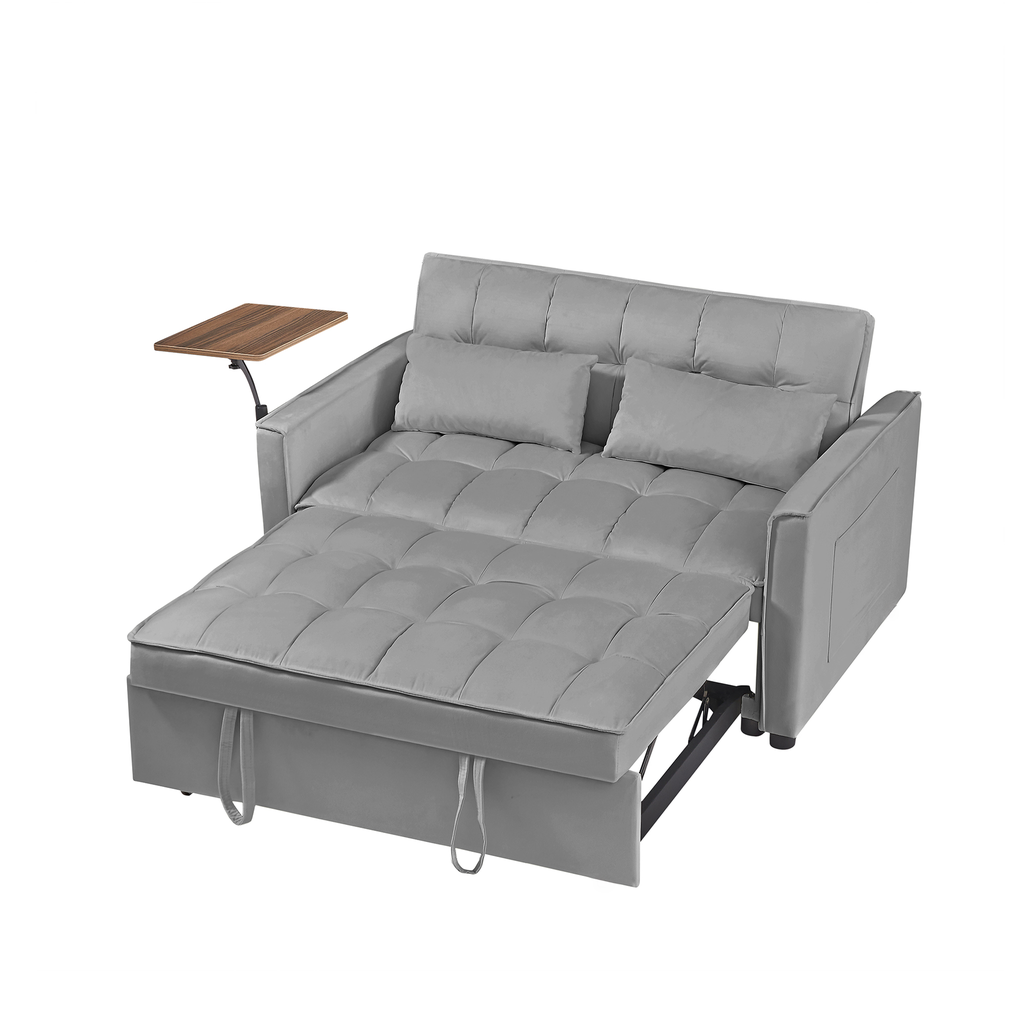 Grey velvet sofa bed with pullout mattress and side tray