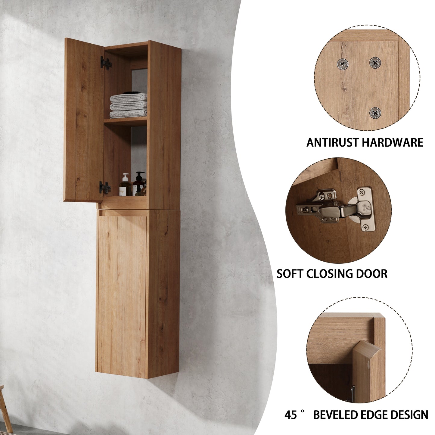 Tall slender oak veneer bathroom cabinet with two doors and interior shelving
