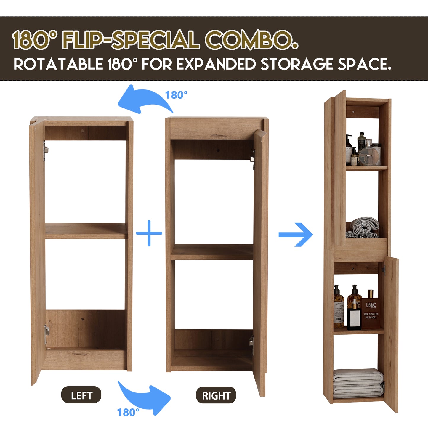 Light oak bathroom vanity cabinet with open door showing shelves and storage