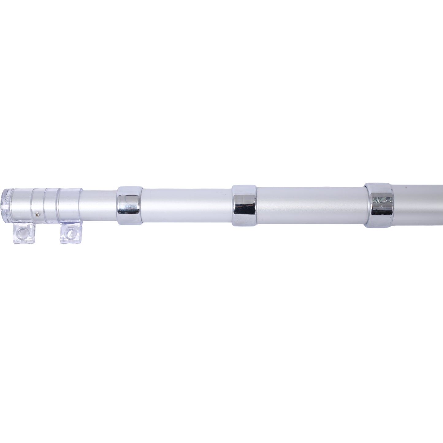 Silver aluminum shower curtain rod with clear plastic brackets and chrome accents