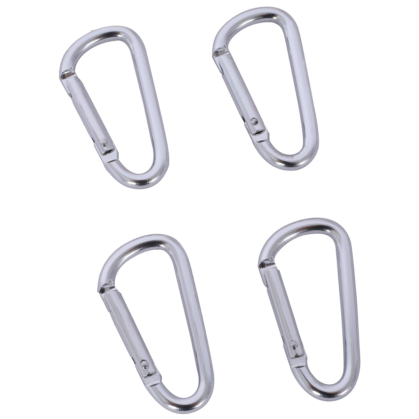 Four silver aluminum carabiner clips with springloaded gates for easy attachment and secure fastening