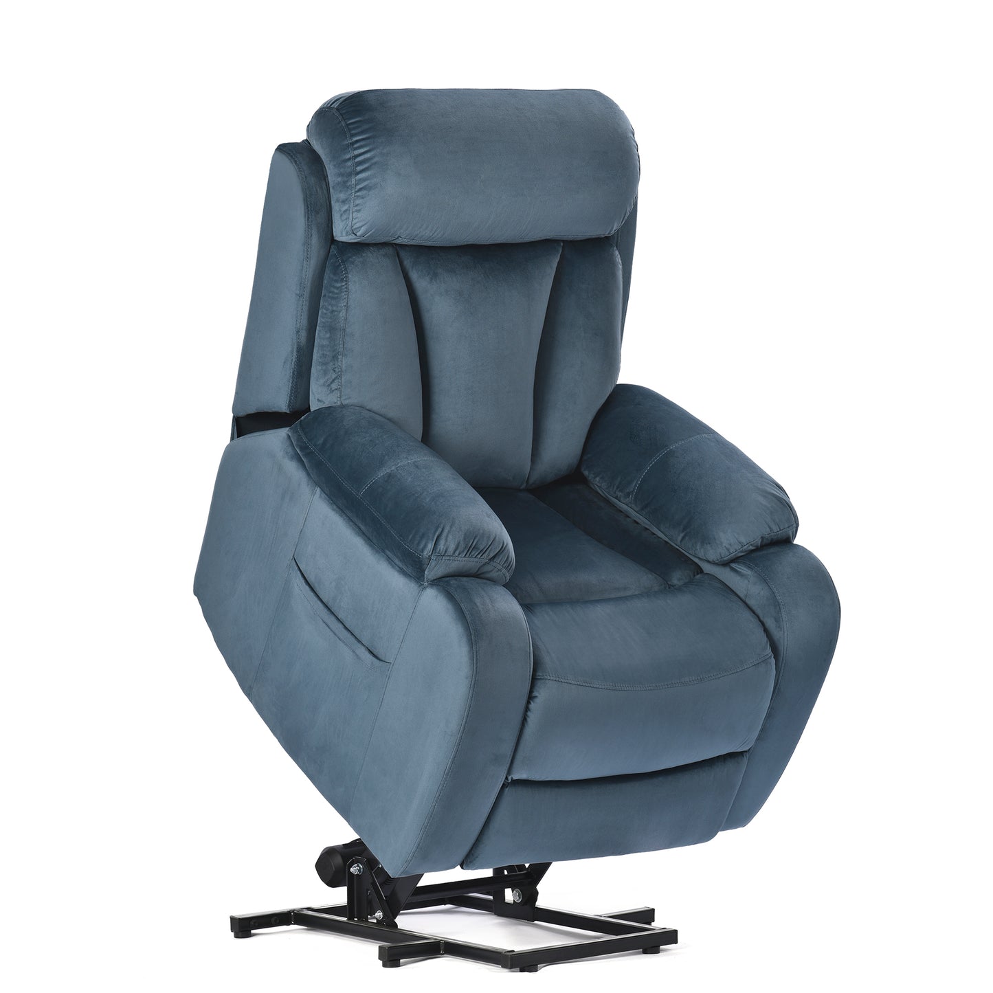 Plush blue velvet power lift recliner with padded headrest and armrests