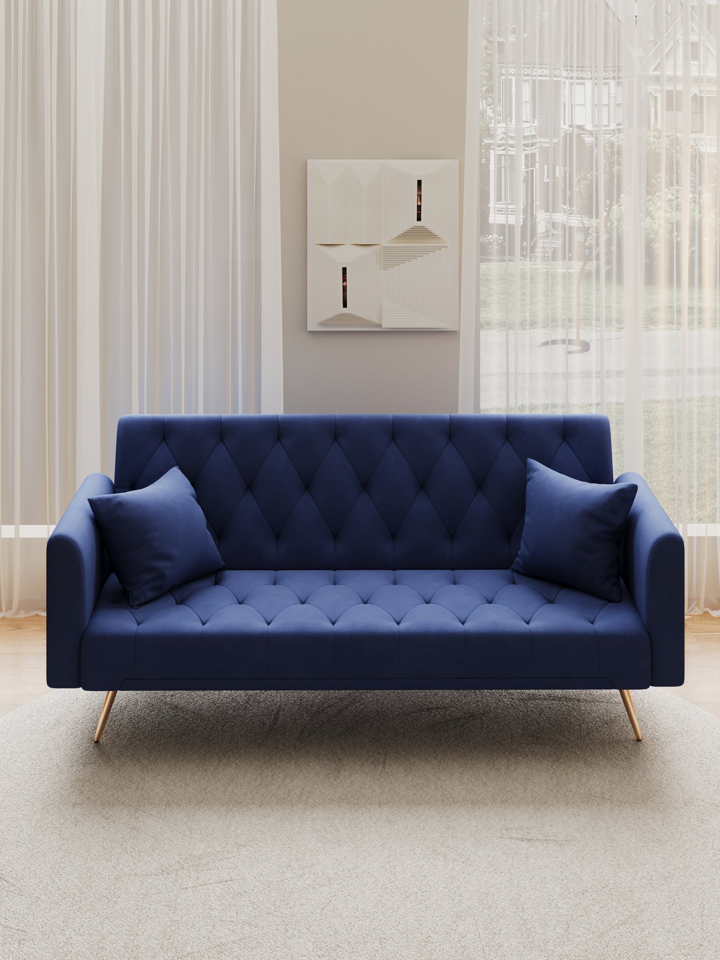 Tufted navy velvet sofa with diamond stitching and rose gold legs perfect for a modern living room