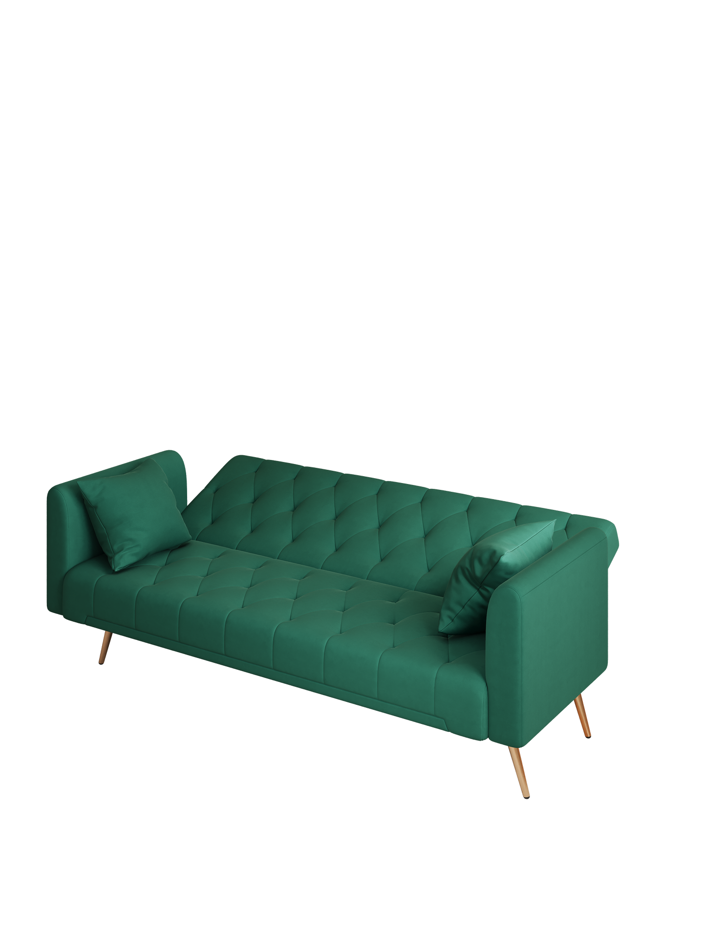 Emerald green tufted sofa with diamond stitching and gold legs