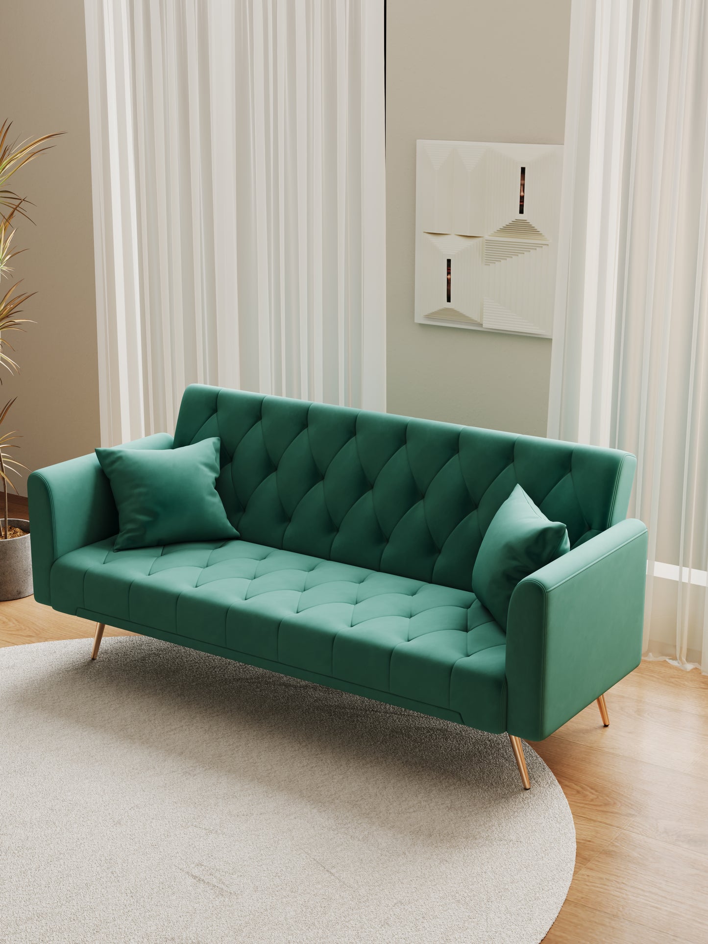 Emerald green tufted velvet sofa with button accents and gold legs